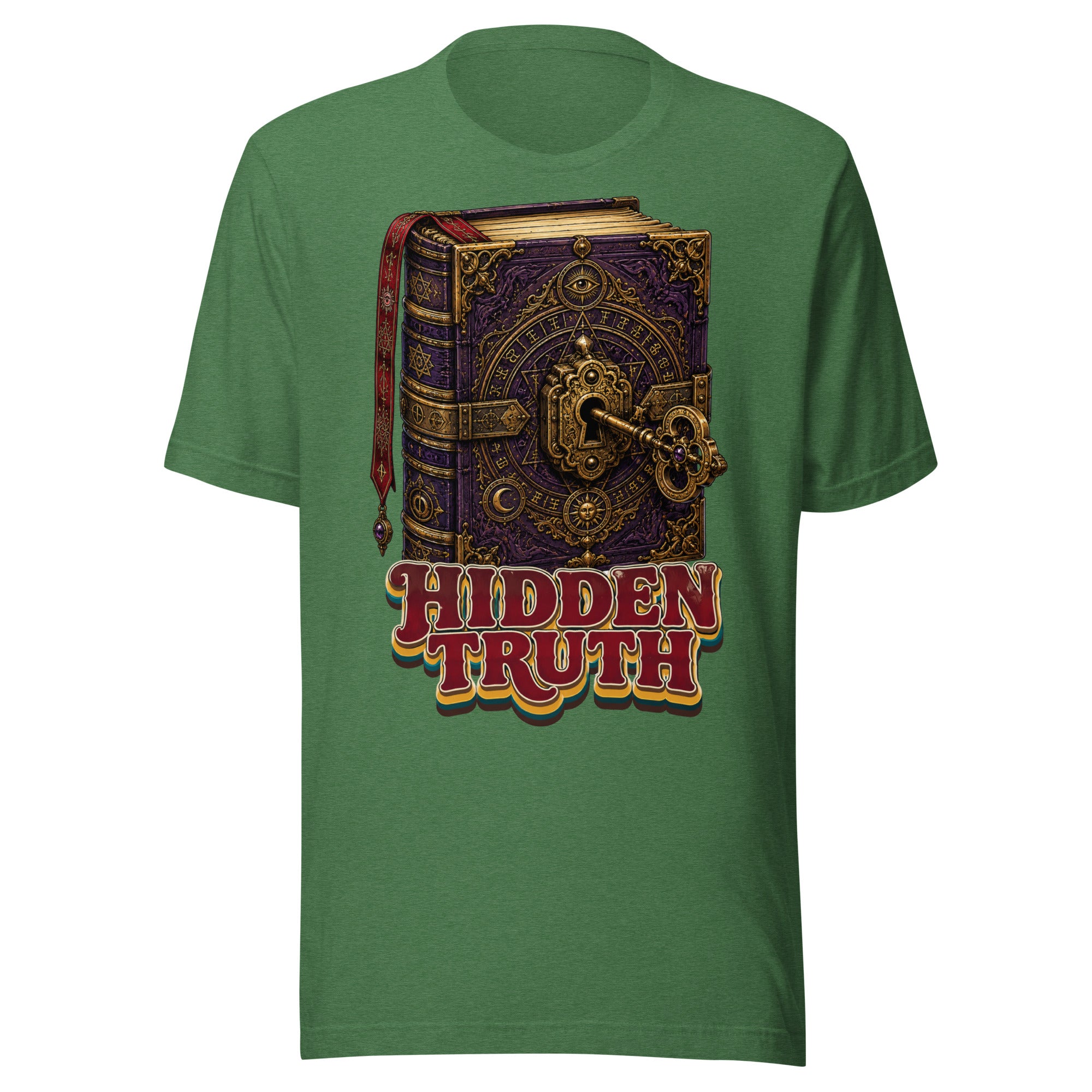Horror and Mystery Lovers Unisex Staple T-Shirt — "Hidden Truth" Cursed Grimoire and Esoteric Key Design by printfluence.net