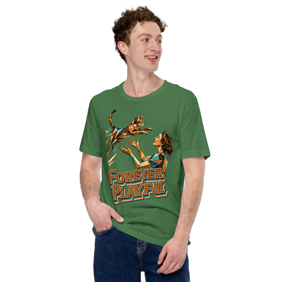 Cat Lovers Unisex Staple T-Shirt – Forever Playful Geometric Cat Design by printfluence.net