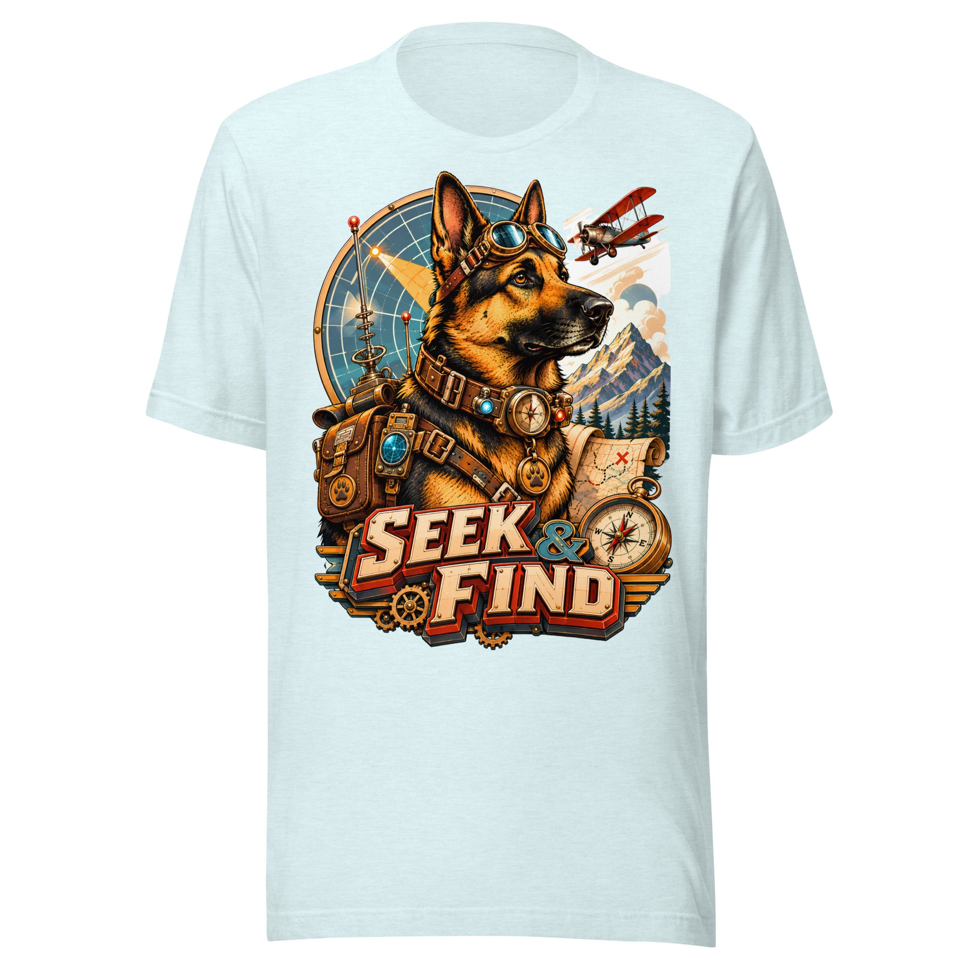 German Shepherd Lovers Unisex T-Shirt | "Seek & Find" Vintage Explorer Graphic Apparel by printfluence.net