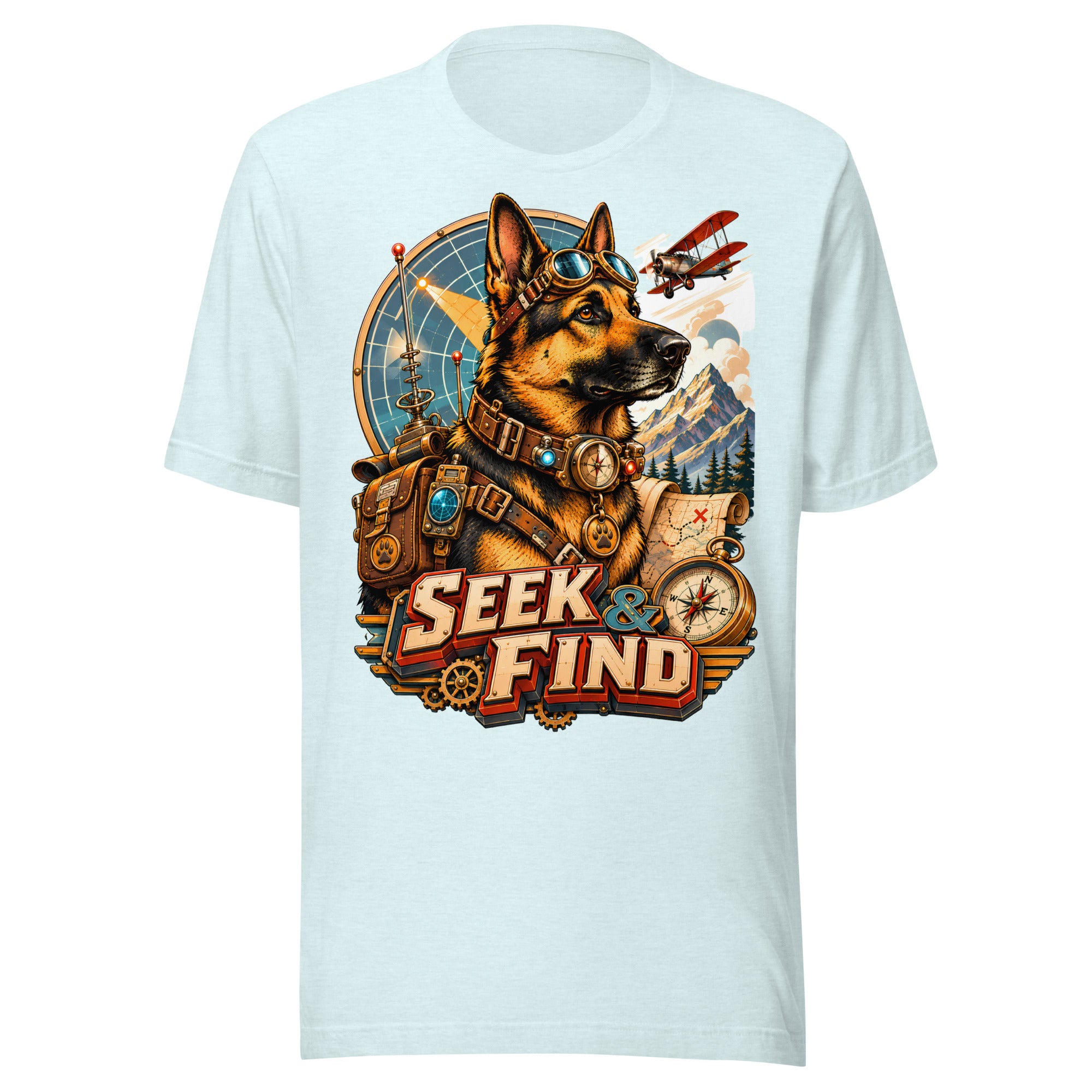 German Shepherd Lovers Unisex T-Shirt | "Seek & Find" Vintage Explorer Graphic Apparel by printfluence.net