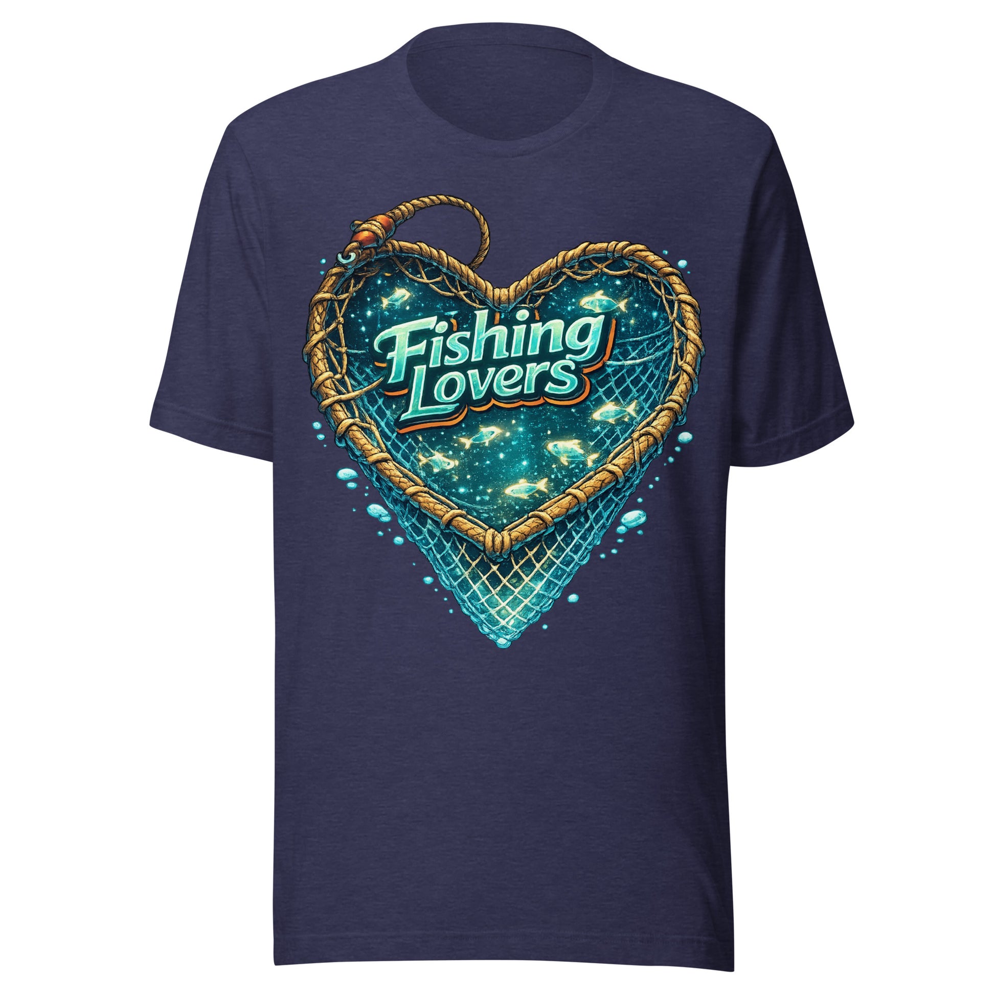 Fishing Lovers T-Shirt - Cute Heart Fish Net Graphic Tee for Fishermen & Coffee Lovers by printfluence.net