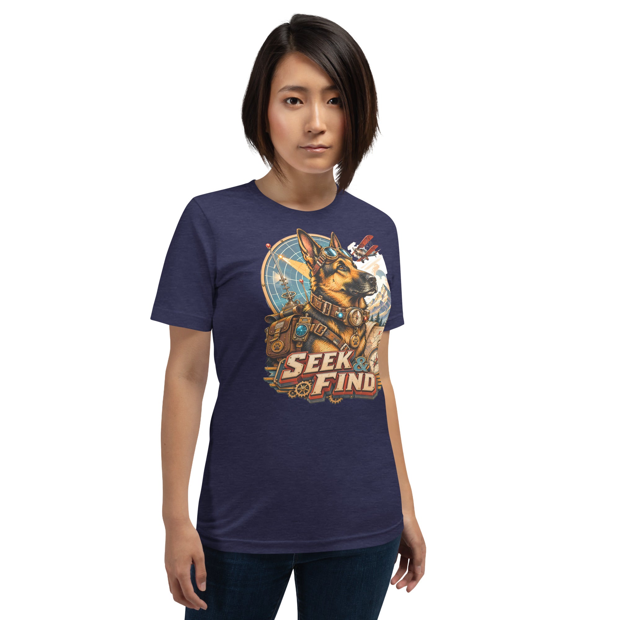 German Shepherd Lovers Unisex T-Shirt | "Seek & Find" Vintage Explorer Graphic Apparel by printfluence.net