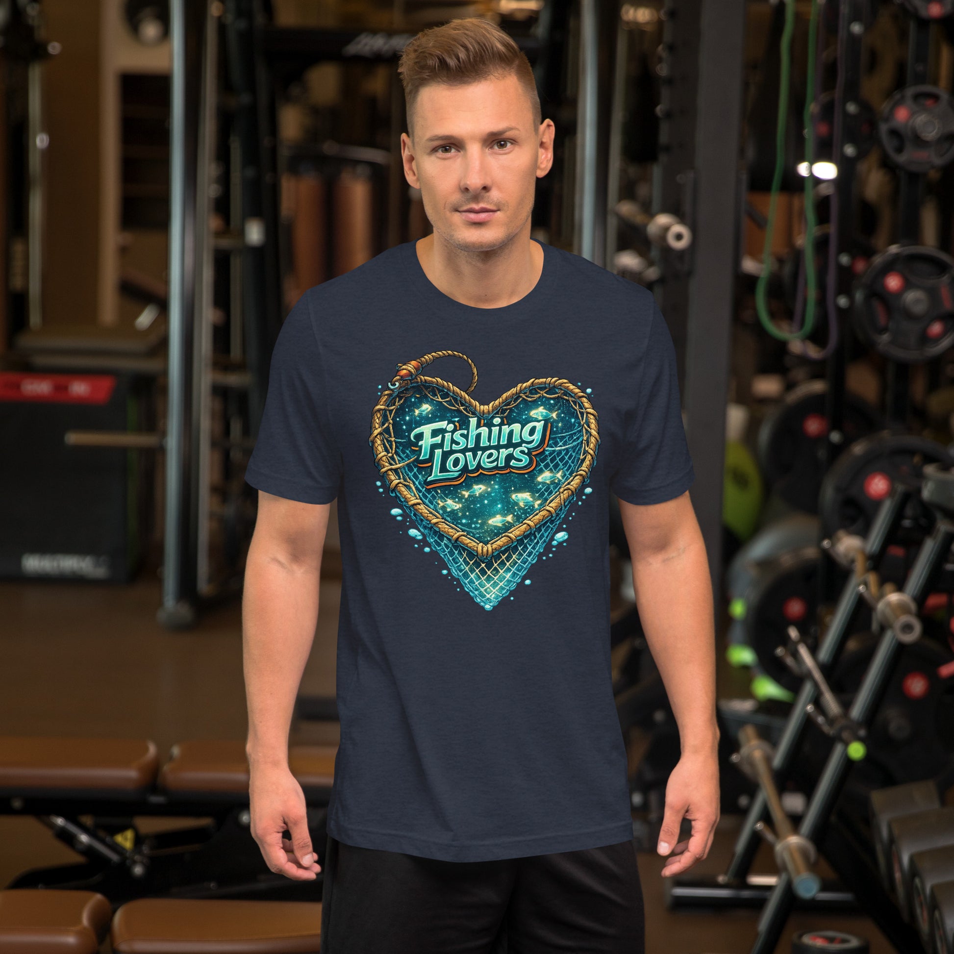 Fishing Lovers T-Shirt - Cute Heart Fish Net Graphic Tee for Fishermen & Coffee Lovers by printfluence.net