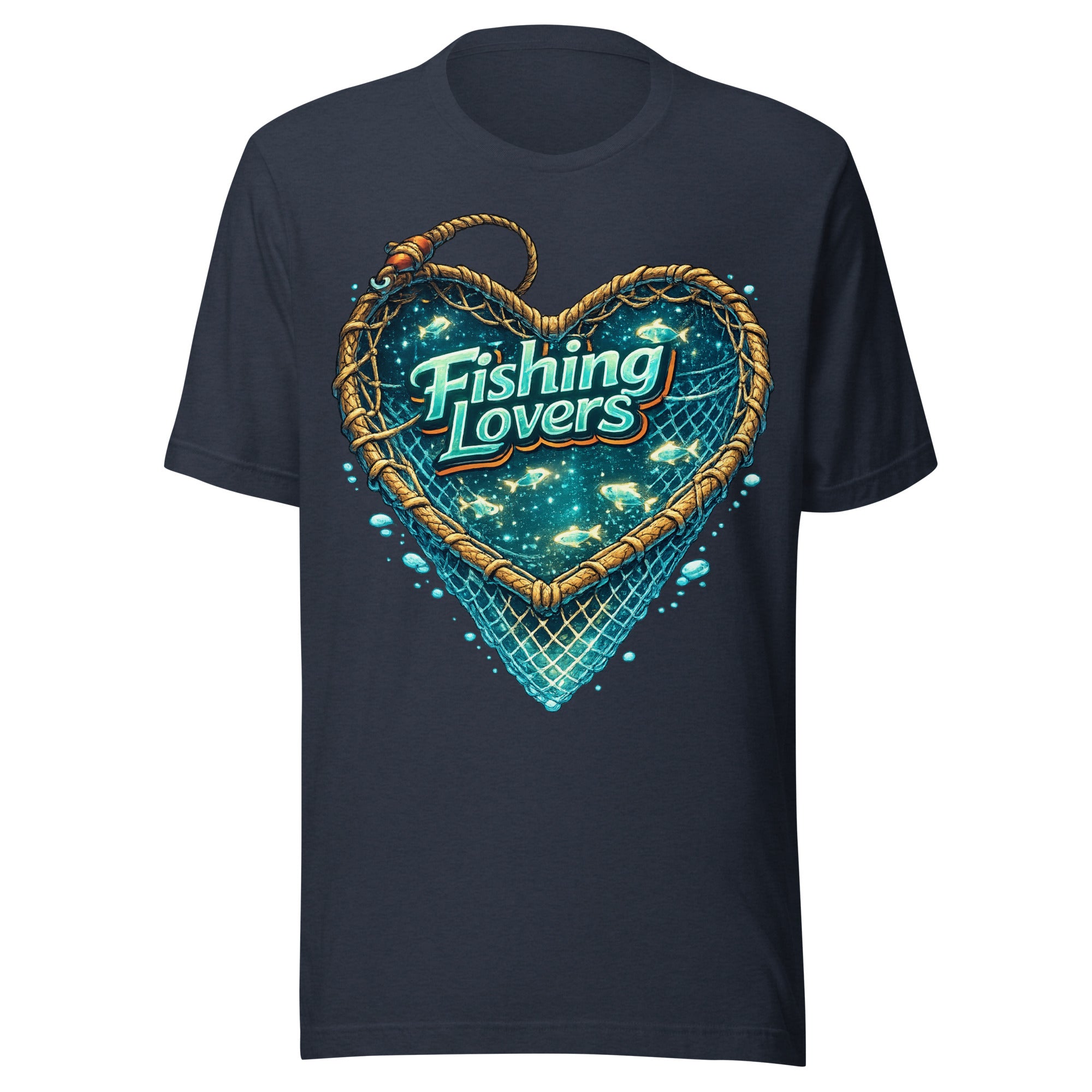 Fishing Lovers T-Shirt - Cute Heart Fish Net Graphic Tee for Fishermen & Coffee Lovers by printfluence.net