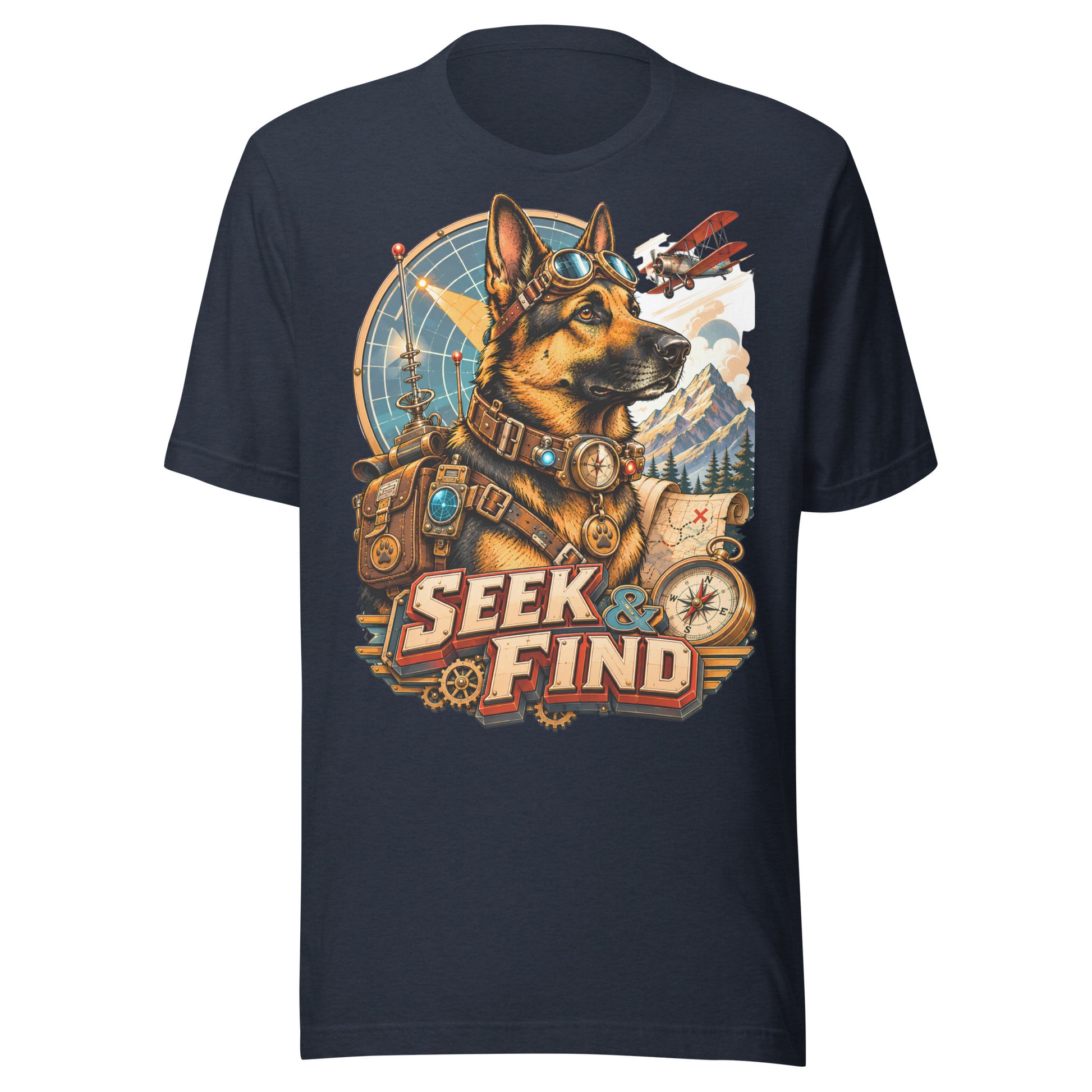 German Shepherd Lovers Unisex T-Shirt | "Seek & Find" Vintage Explorer Graphic Apparel by printfluence.net