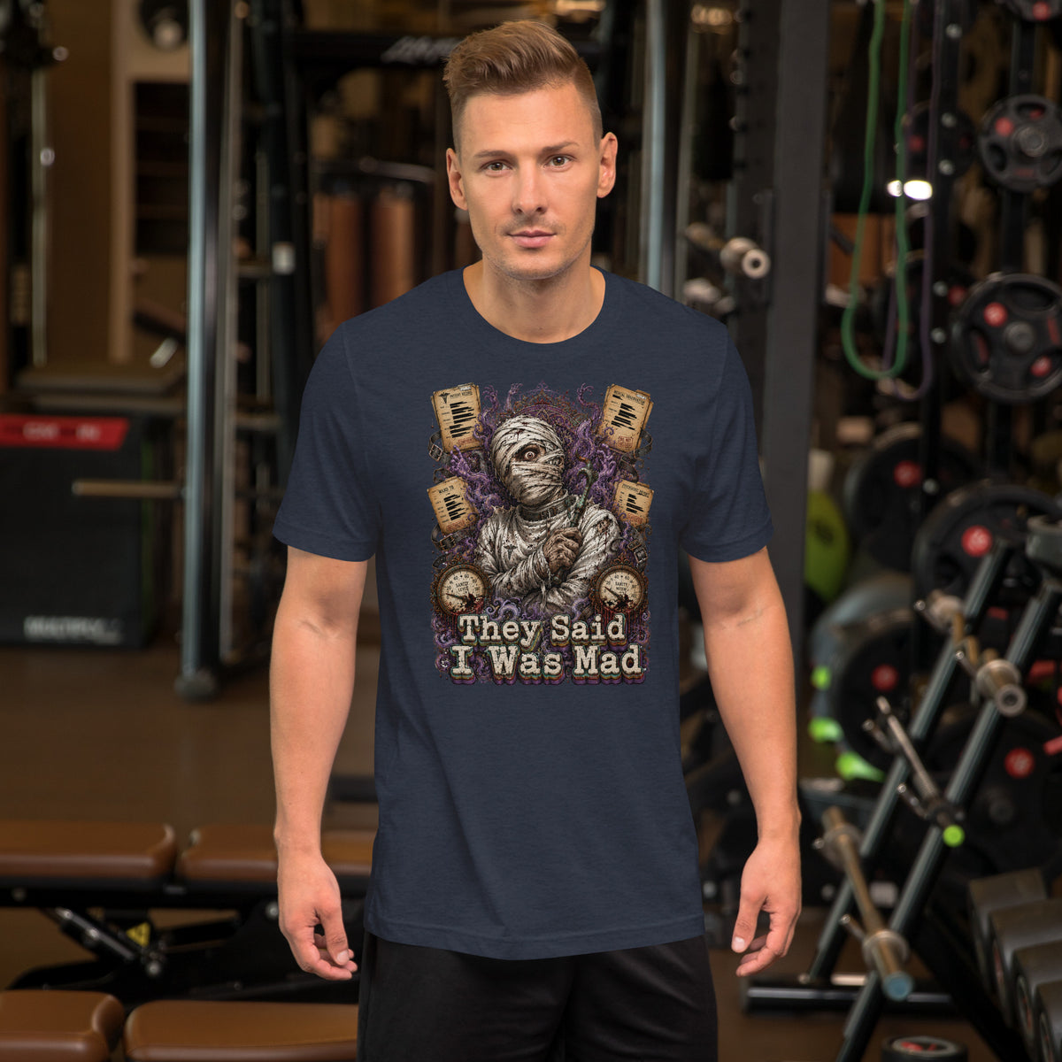 Horror and Mystery Lovers Unisex Staple T-Shirt — "They Said I Was Mad" Asylum Patient and Sanity Meter Design by printfluence.net