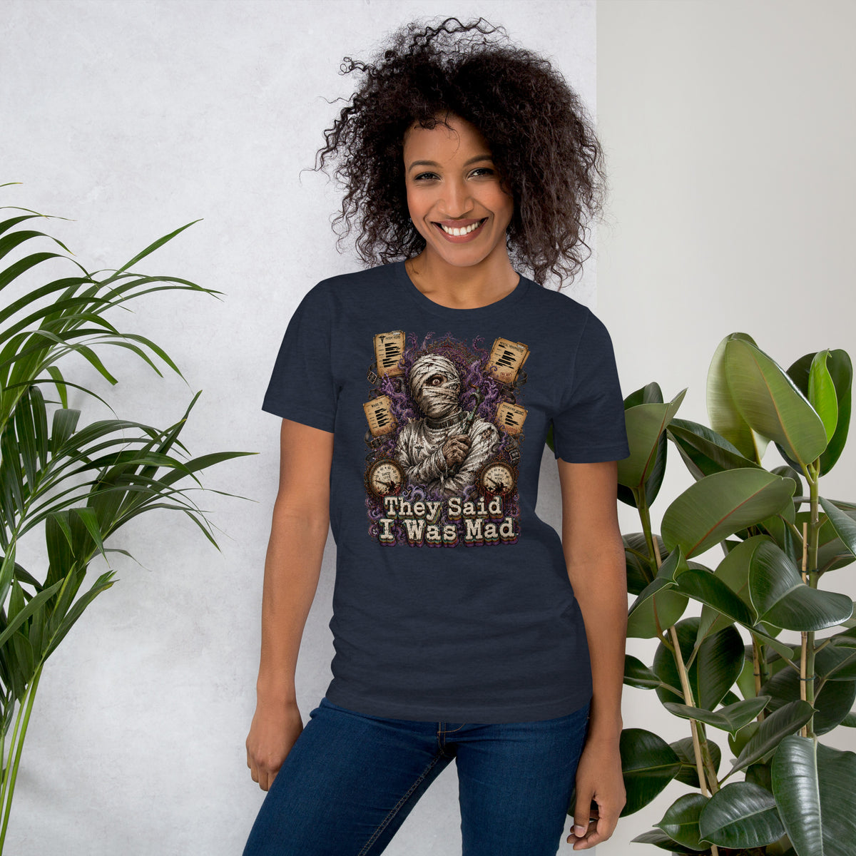 Horror and Mystery Lovers Unisex Staple T-Shirt — "They Said I Was Mad" Asylum Patient and Sanity Meter Design by printfluence.net