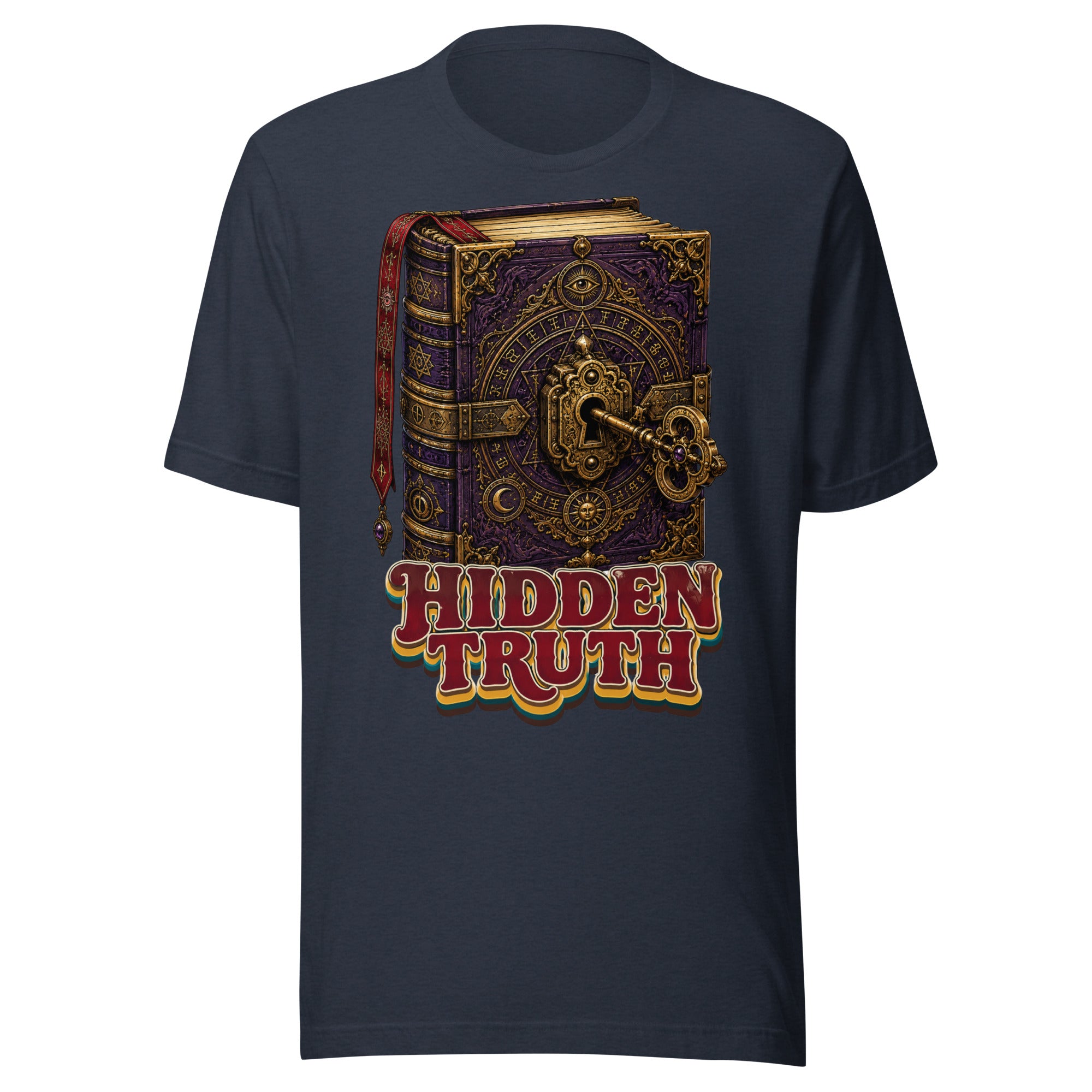Horror and Mystery Lovers Unisex Staple T-Shirt — "Hidden Truth" Cursed Grimoire and Esoteric Key Design by printfluence.net