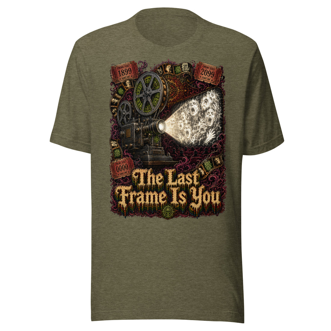 Horror and Mystery Lovers Unisex T-Shirt — "The Last Frame Is You" Haunted Vintage Projector and Cinema Horror Design by printfluence.net