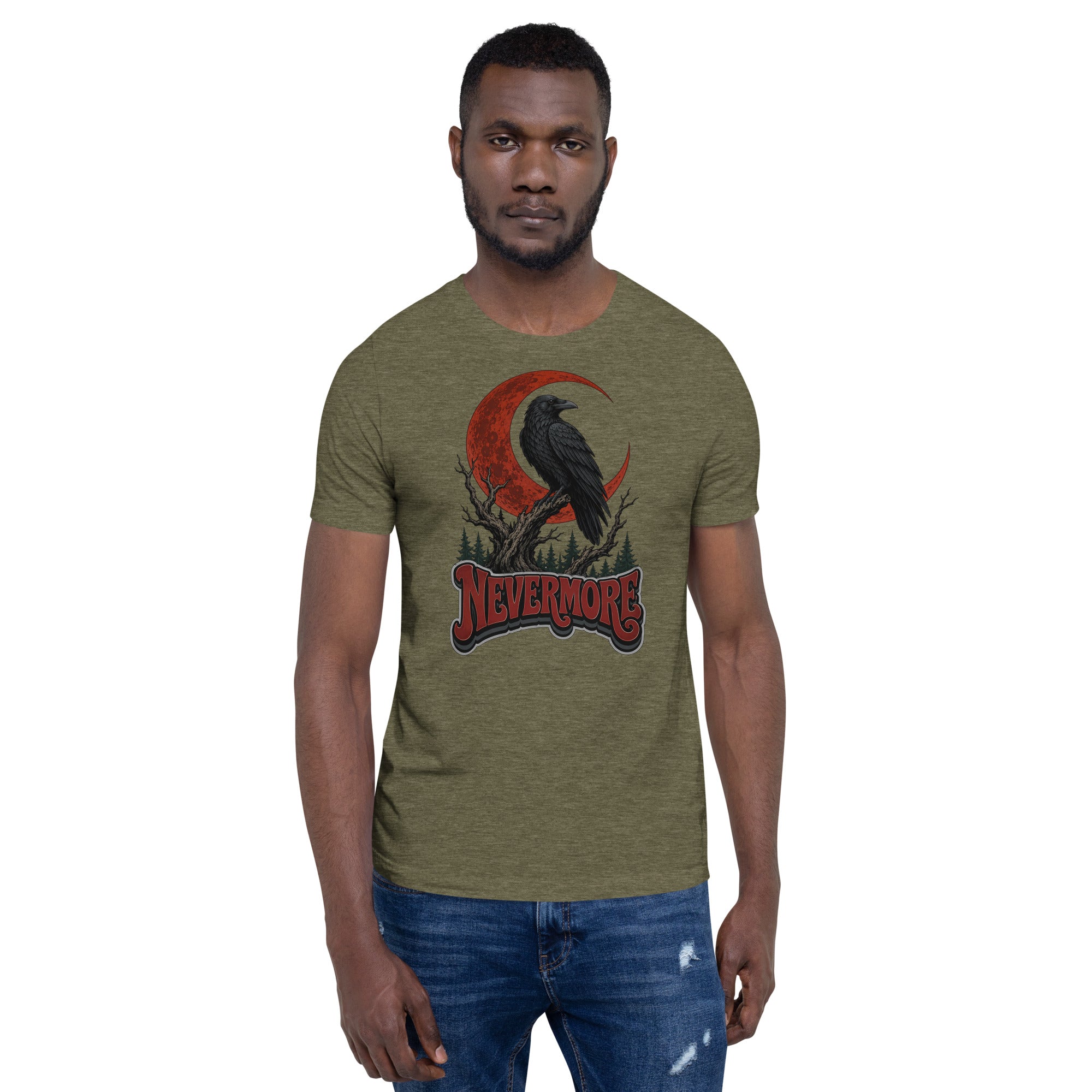 Horror & Mystery Lovers Unisex Staple T-Shirt — "Nevermore" Blood Moon Raven and Dead Tree Design by printfluence.net