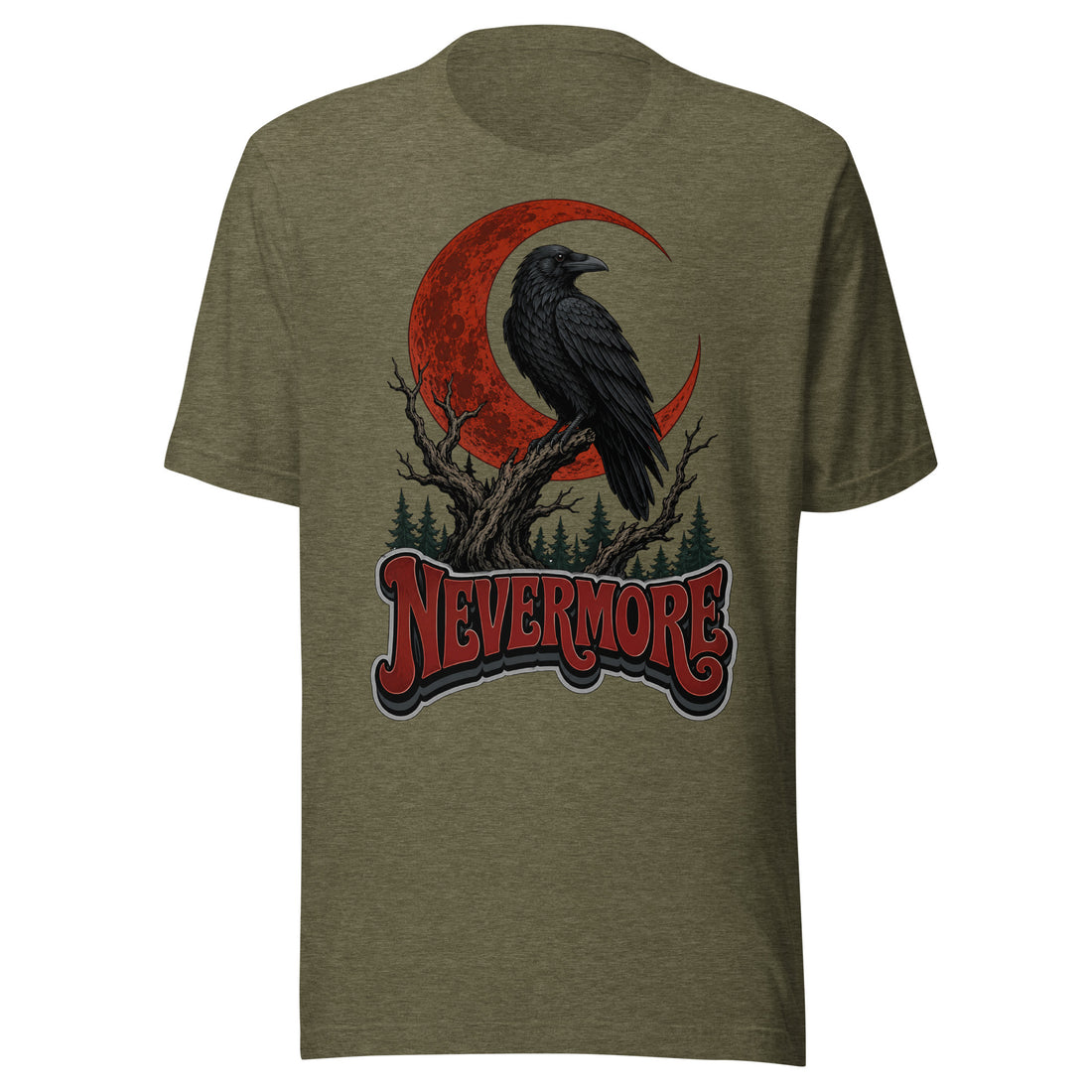 Horror & Mystery Lovers Unisex Staple T-Shirt — "Nevermore" Blood Moon Raven and Dead Tree Design by printfluence.net