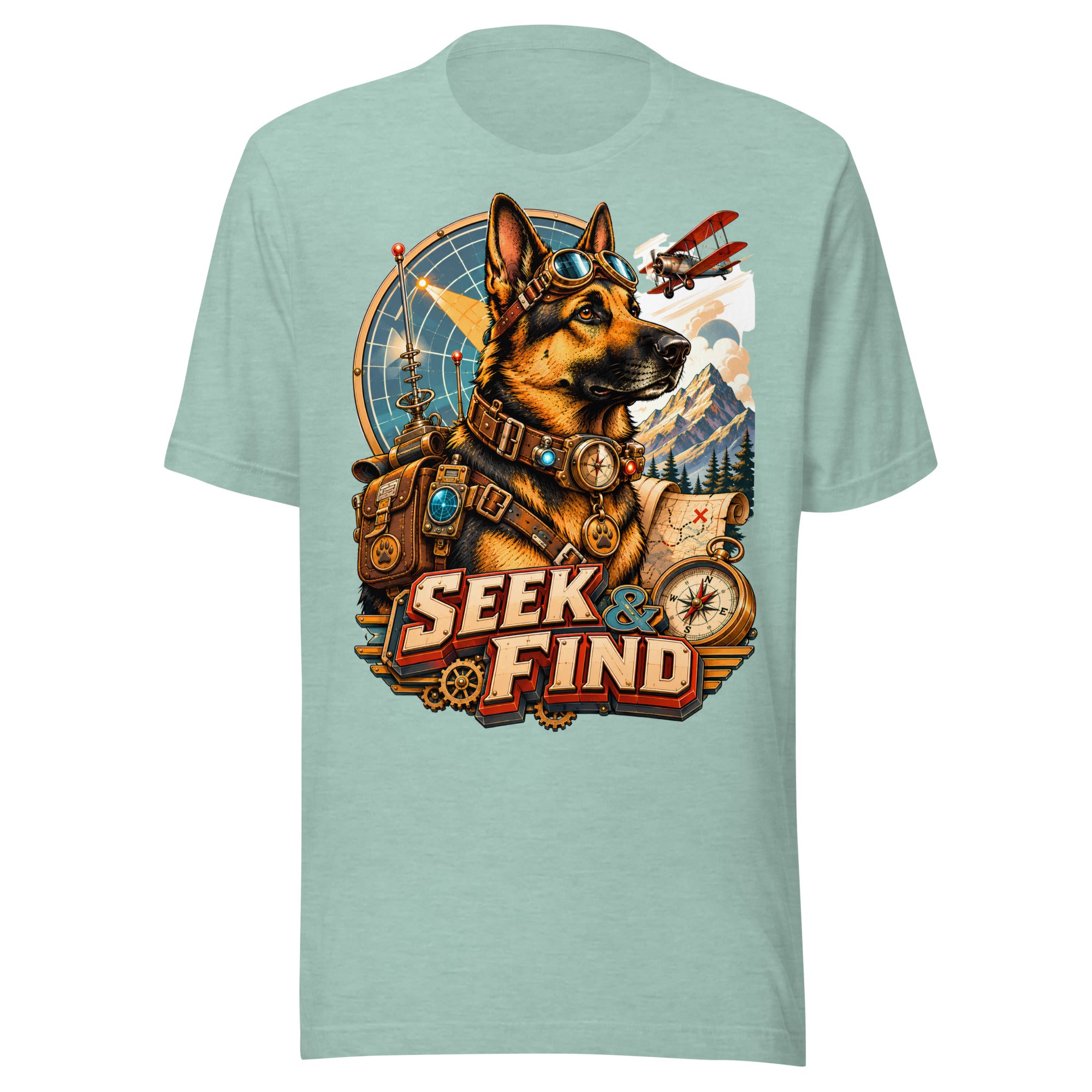 German Shepherd Lovers Unisex T-Shirt | "Seek & Find" Vintage Explorer Graphic Apparel by printfluence.net