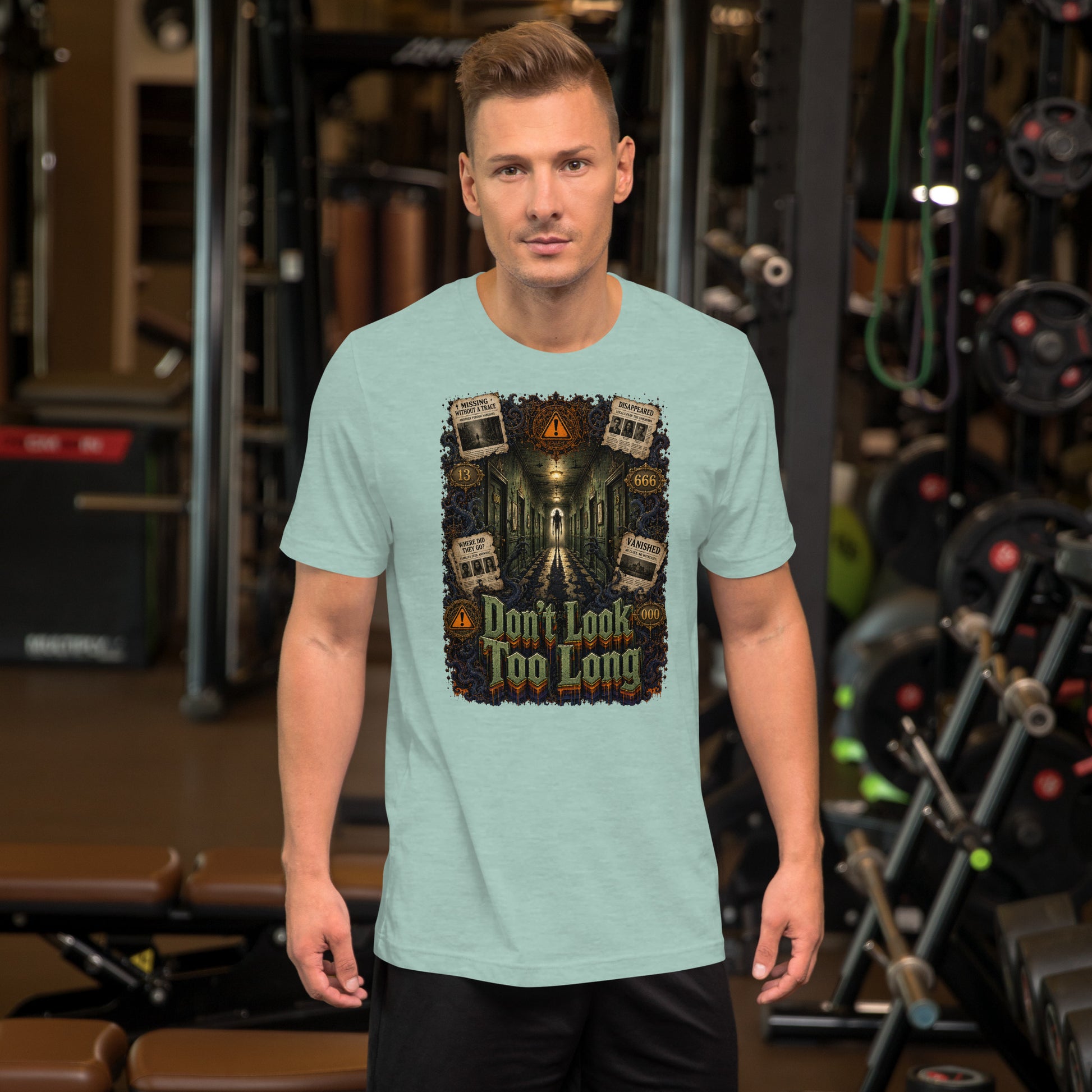 Horror and Mystery Lovers Unisex T-Shirt — "Don't Look Too Long" Creepy Hallway and Missing Persons Design by printfluence.net