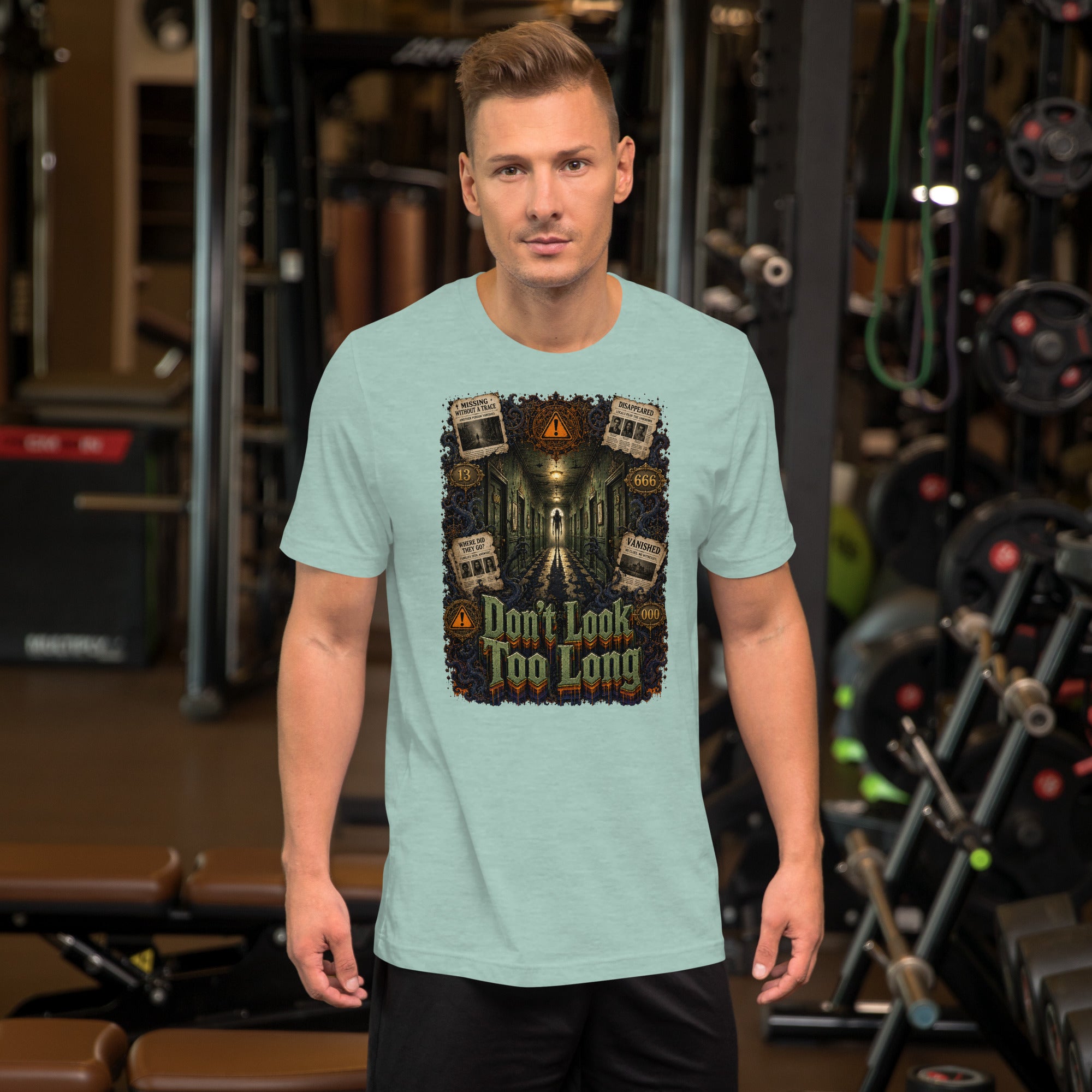 Horror and Mystery Lovers Unisex T-Shirt — "Don't Look Too Long" Creepy Hallway and Missing Persons Design by printfluence.net