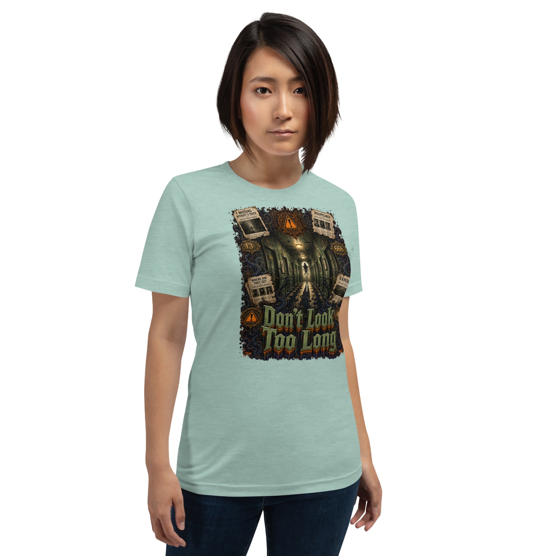 Horror and Mystery Lovers Unisex T-Shirt — "Don't Look Too Long" Creepy Hallway and Missing Persons Design by printfluence.net