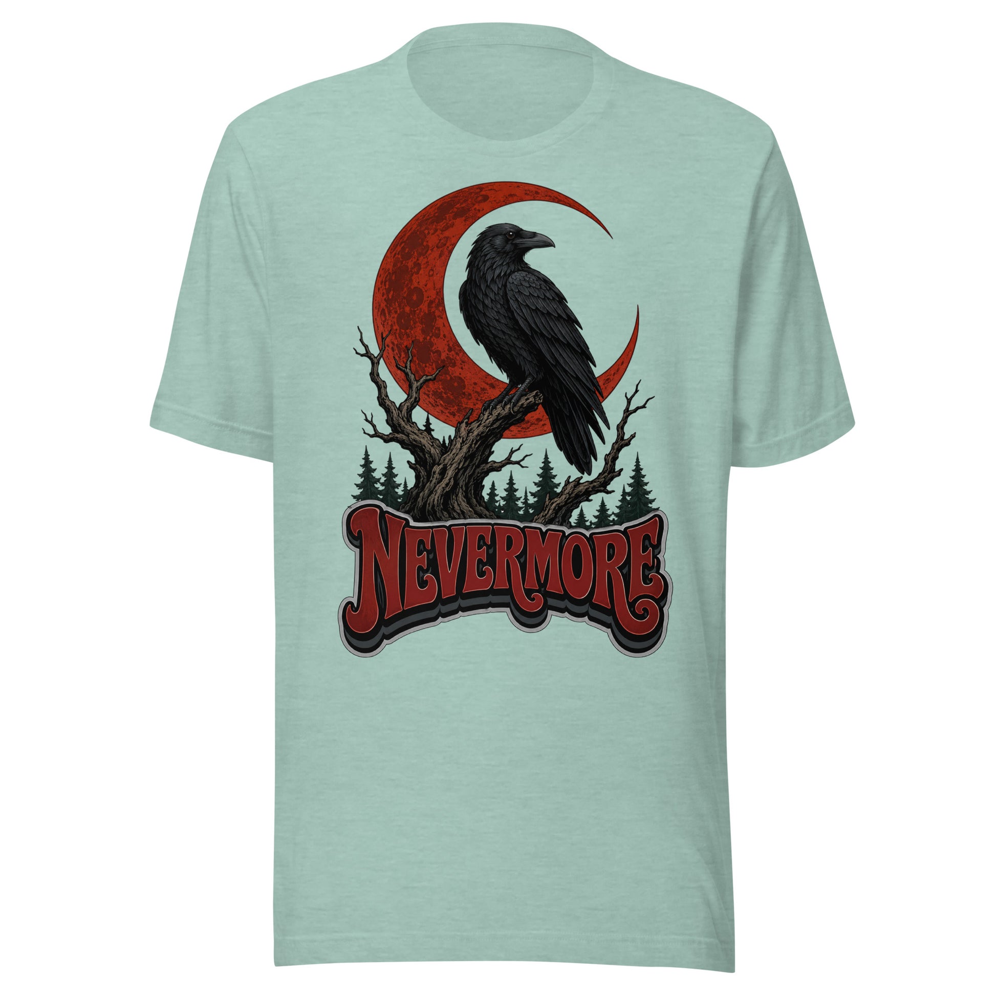 Horror & Mystery Lovers Unisex Staple T-Shirt — "Nevermore" Blood Moon Raven and Dead Tree Design by printfluence.net