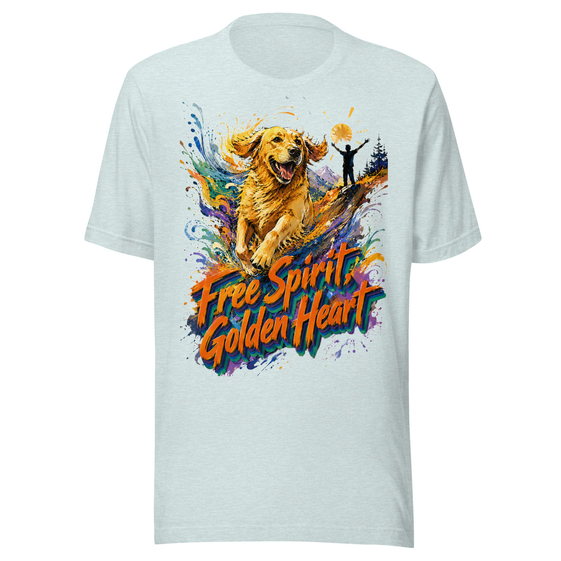 Golden Retriever Lovers Unisex Staple T-Shirt — "Free Spirit, Golden Heart" Running Dog and Mountain Explorer Design by printfluence.net