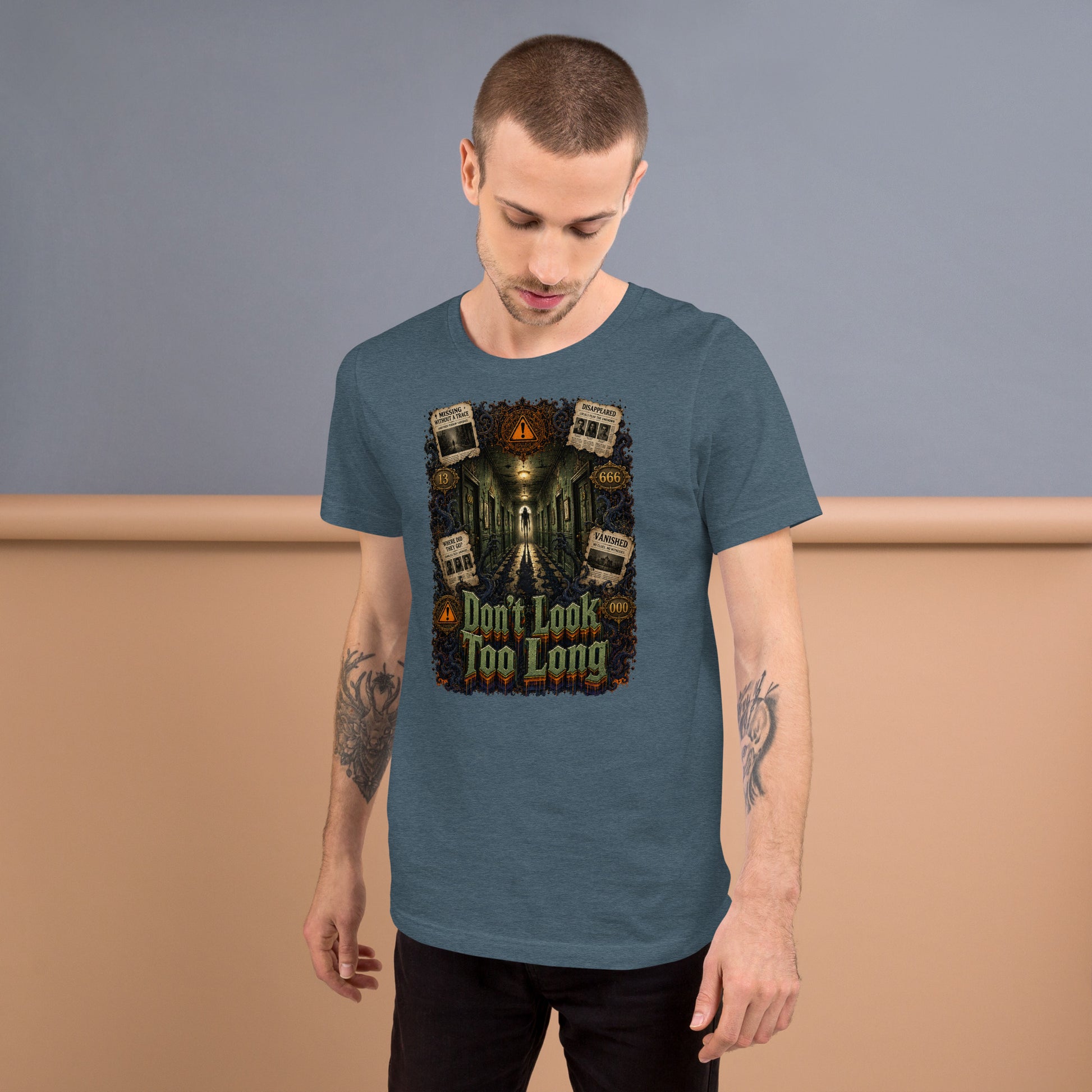 Horror and Mystery Lovers Unisex T-Shirt — "Don't Look Too Long" Creepy Hallway and Missing Persons Design by printfluence.net