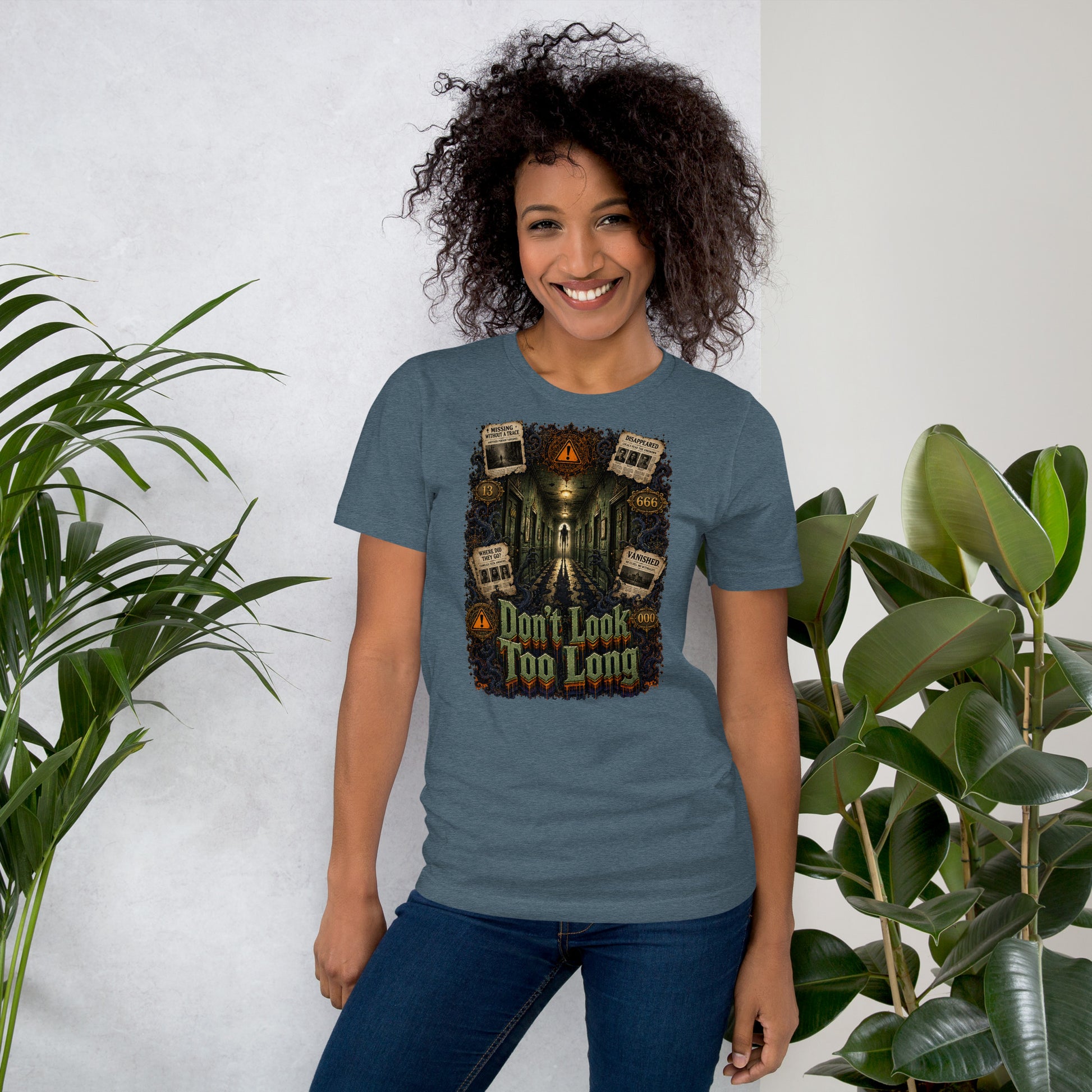 Horror and Mystery Lovers Unisex T-Shirt — "Don't Look Too Long" Creepy Hallway and Missing Persons Design by printfluence.net