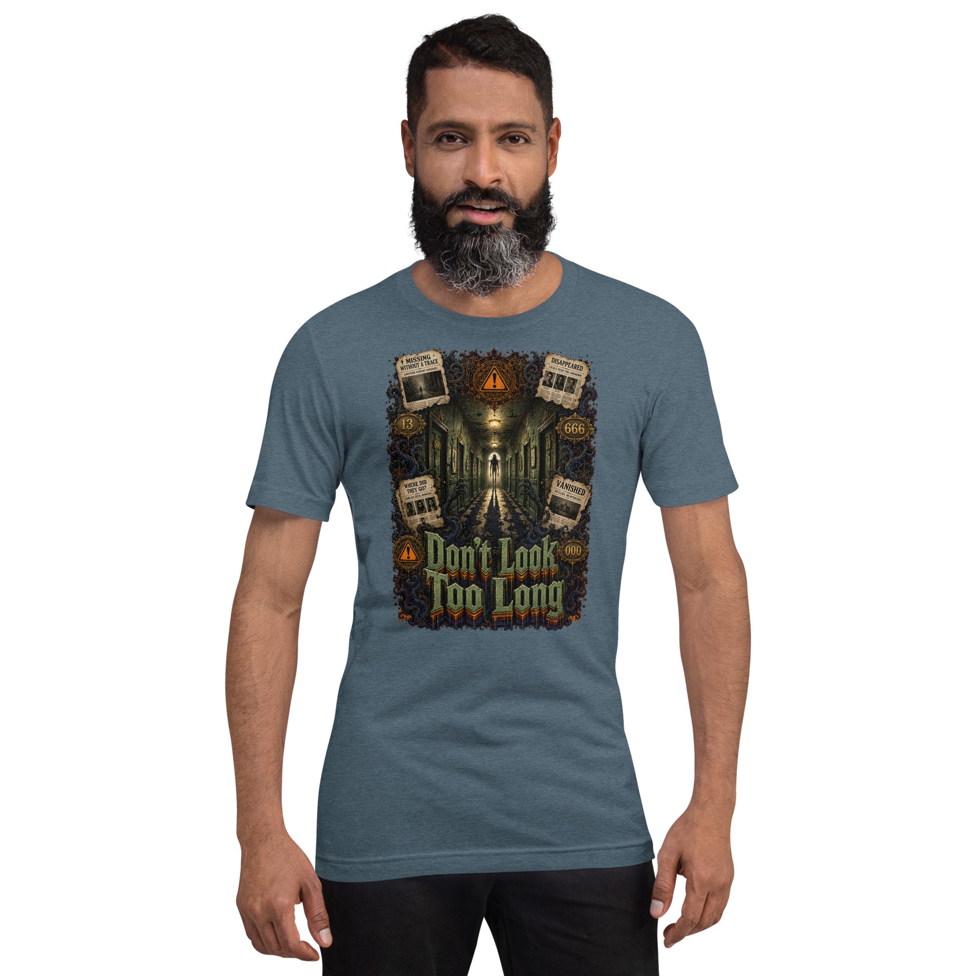 Horror and Mystery Lovers Unisex T-Shirt — "Don't Look Too Long" Creepy Hallway and Missing Persons Design by printfluence.net