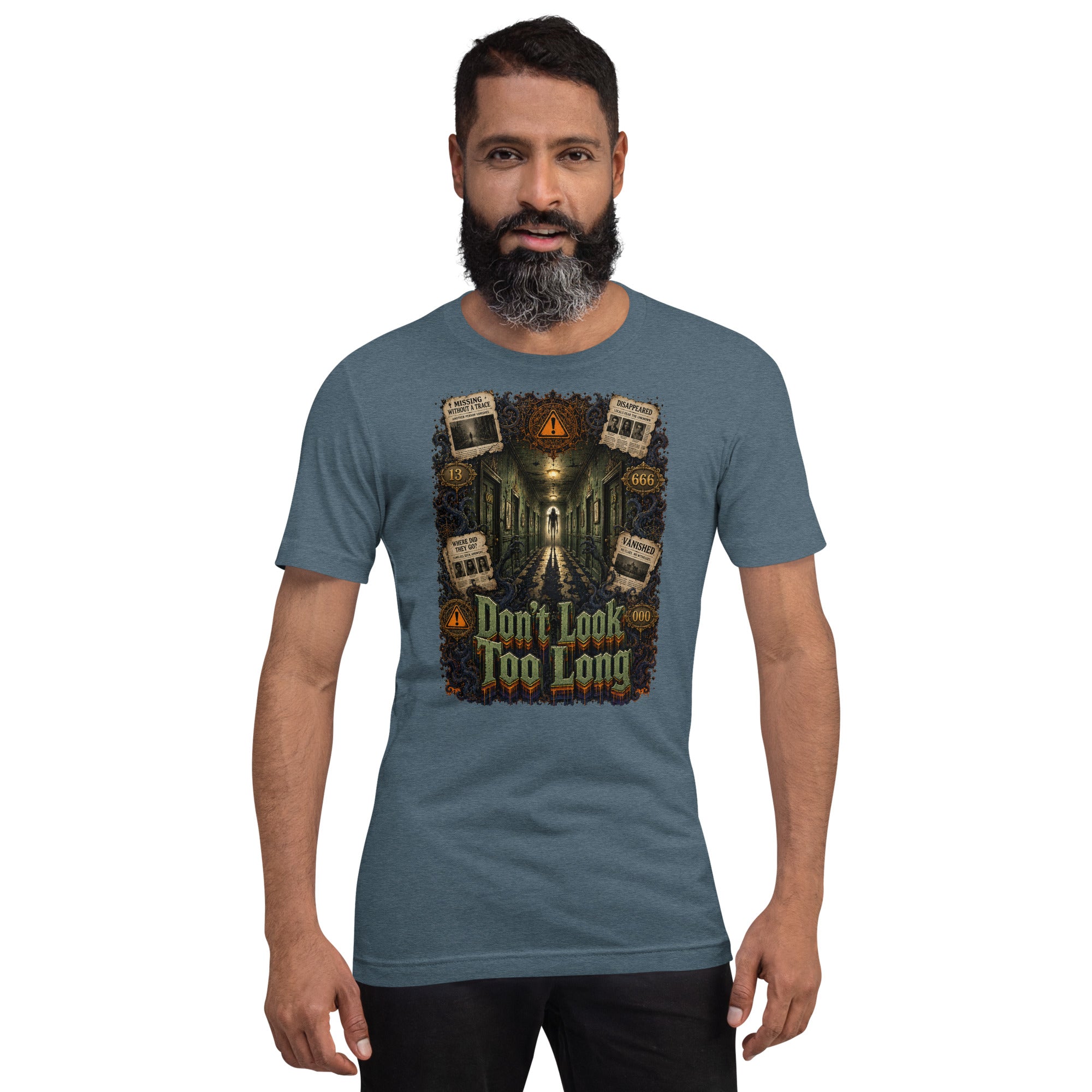 Horror and Mystery Lovers Unisex T-Shirt — "Don't Look Too Long" Creepy Hallway and Missing Persons Design by printfluence.net