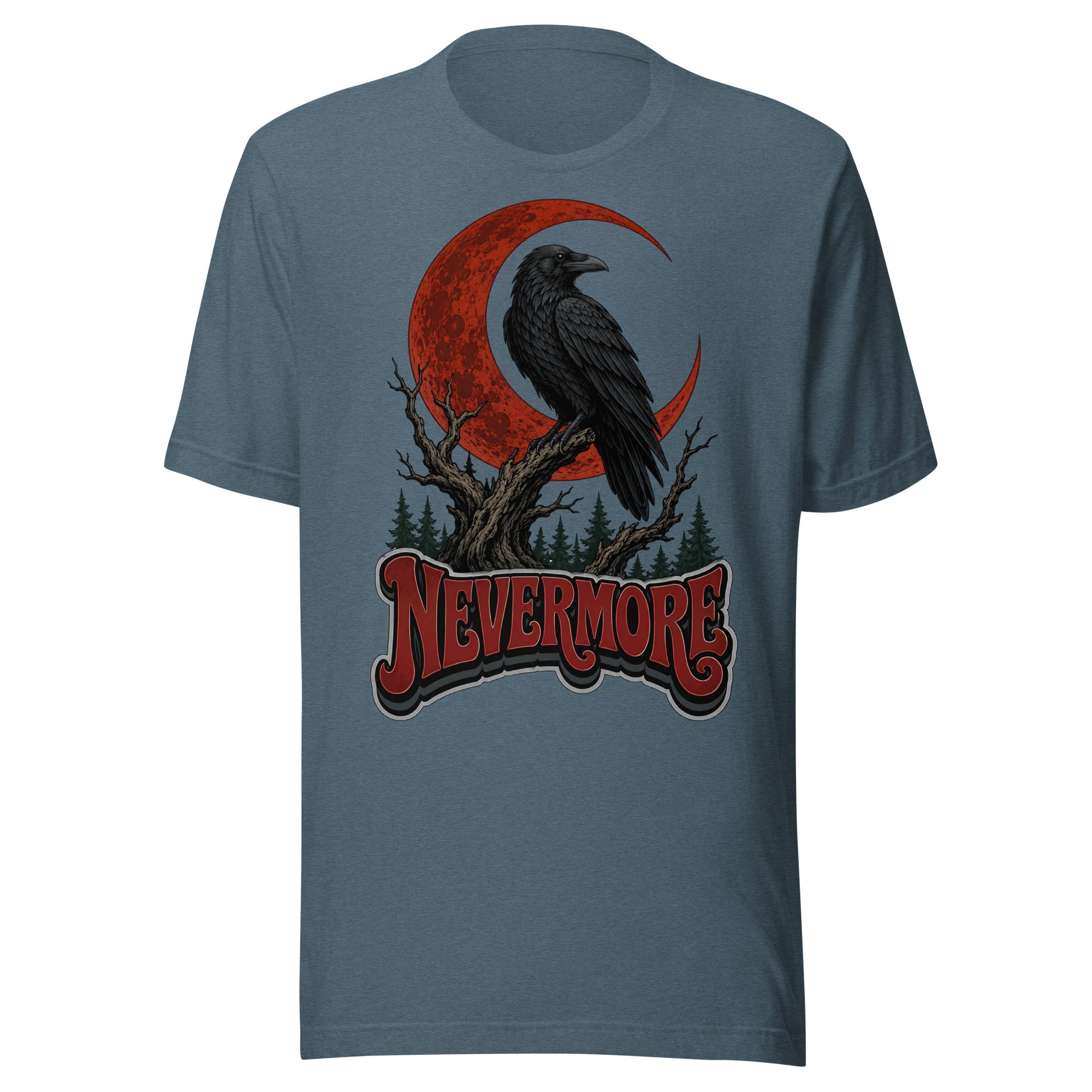Horror & Mystery Lovers Unisex Staple T-Shirt — "Nevermore" Blood Moon Raven and Dead Tree Design by printfluence.net