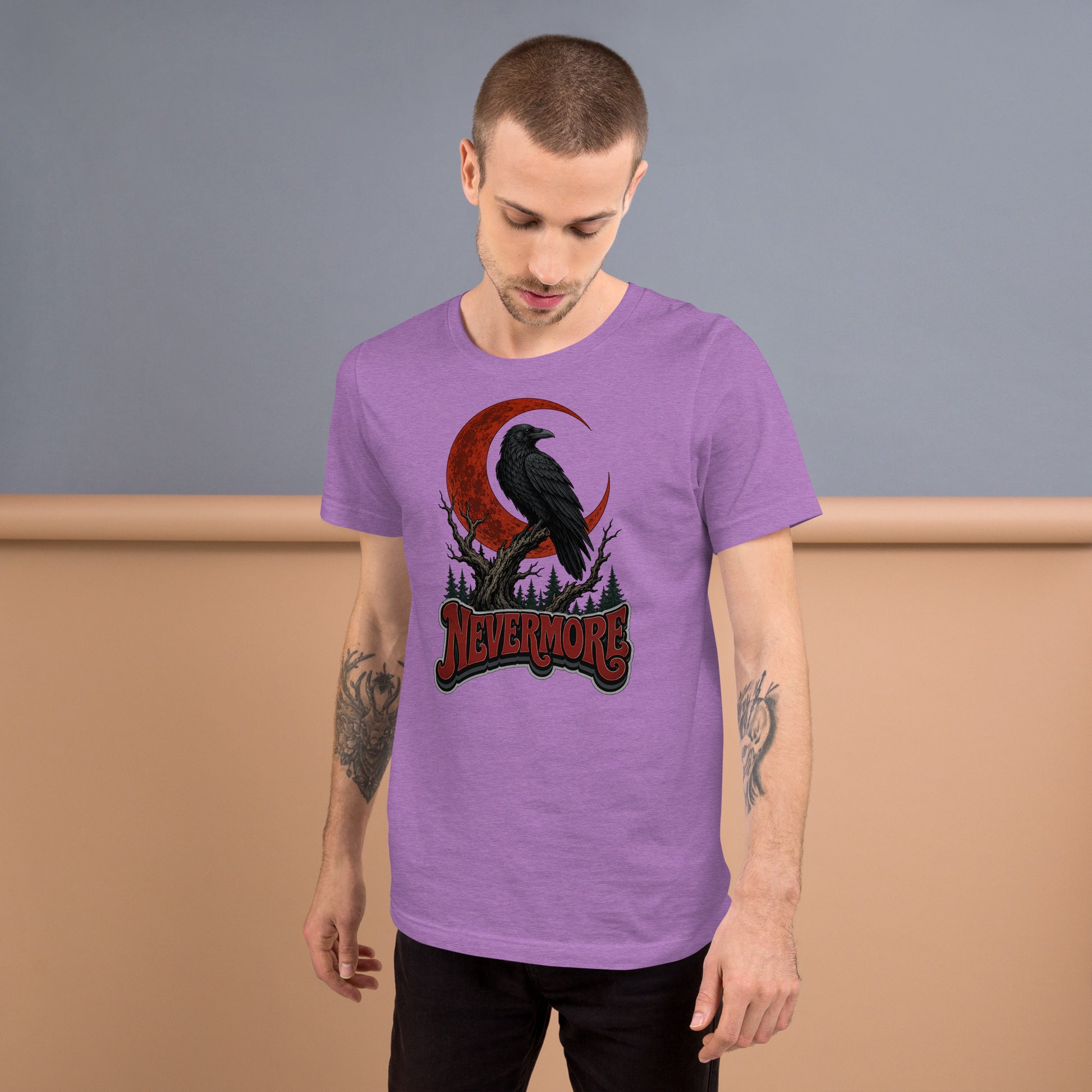 Horror & Mystery Lovers Unisex Staple T-Shirt — "Nevermore" Blood Moon Raven and Dead Tree Design by printfluence.net