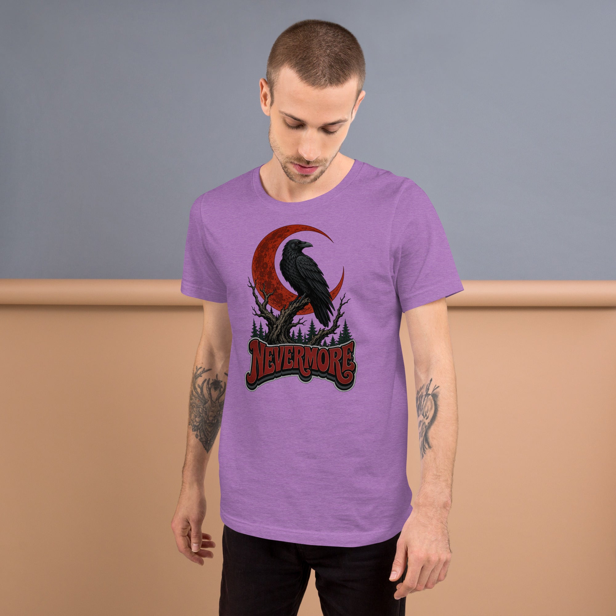 Horror & Mystery Lovers Unisex Staple T-Shirt — "Nevermore" Blood Moon Raven and Dead Tree Design by printfluence.net