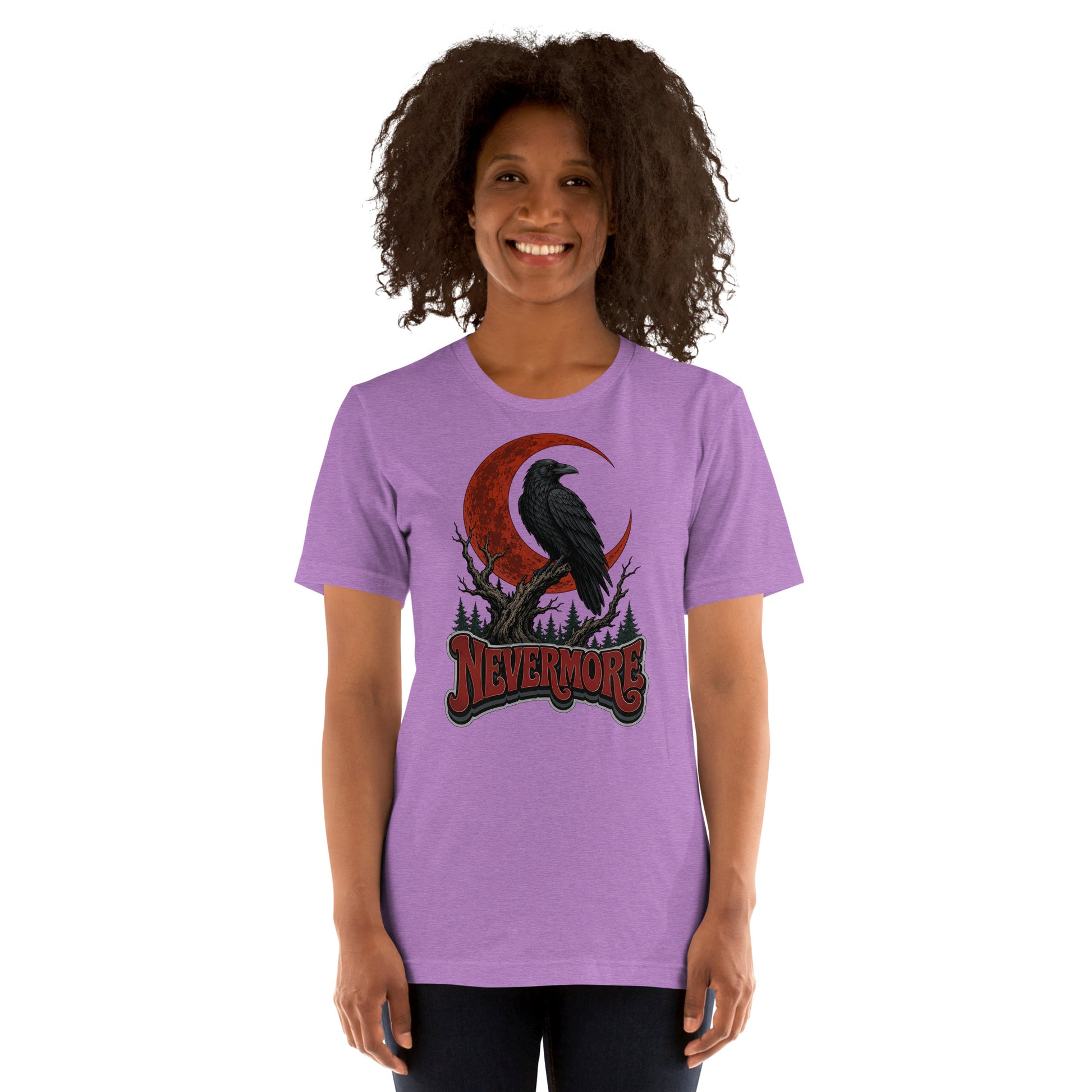 Horror & Mystery Lovers Unisex Staple T-Shirt — "Nevermore" Blood Moon Raven and Dead Tree Design by printfluence.net