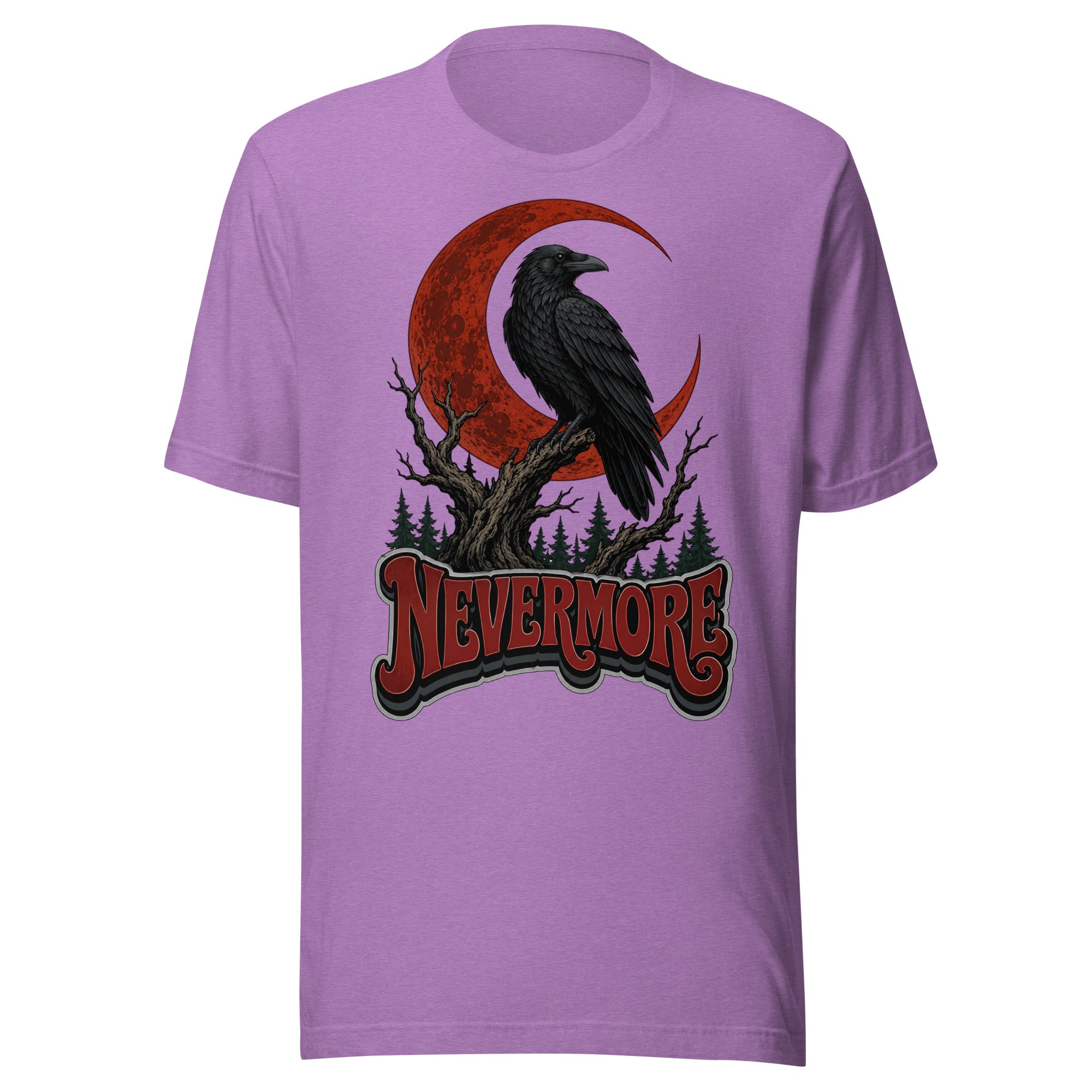 Horror & Mystery Lovers Unisex Staple T-Shirt — "Nevermore" Blood Moon Raven and Dead Tree Design by printfluence.net