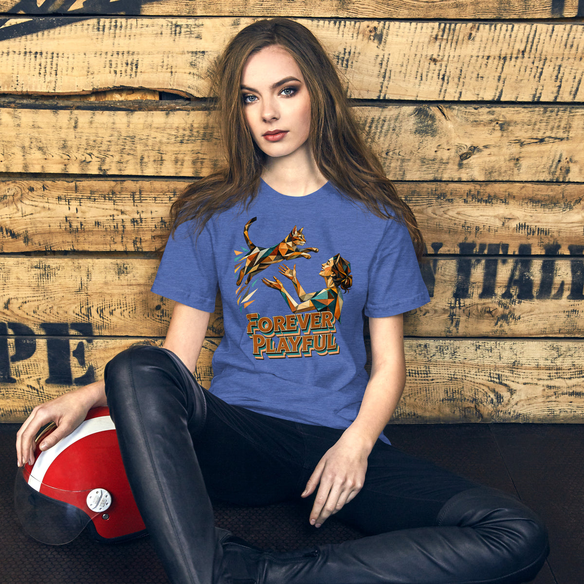 Cat Lovers Unisex Staple T-Shirt – Forever Playful Geometric Cat Design by printfluence.net