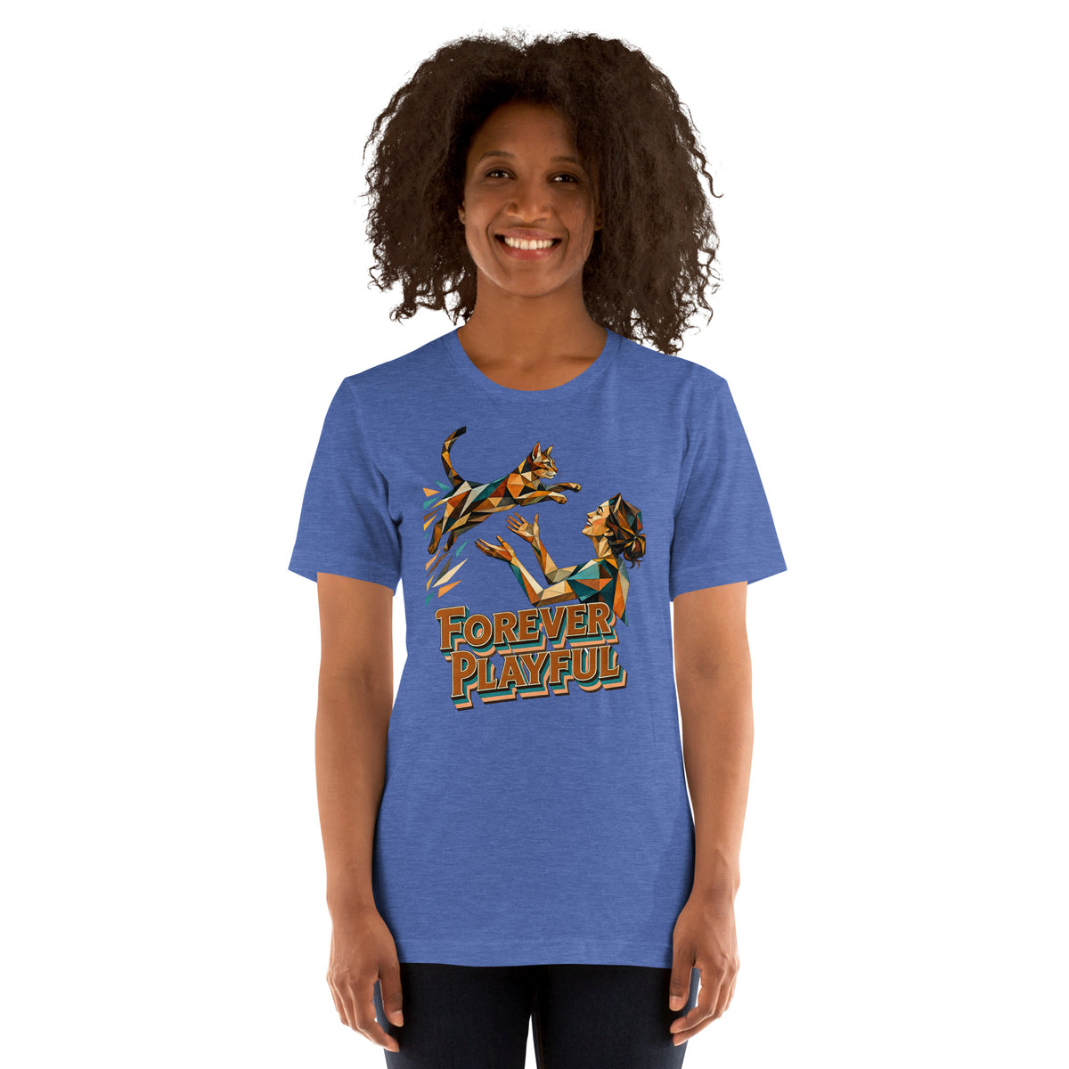 Cat Lovers Unisex Staple T-Shirt – Forever Playful Geometric Cat Design by printfluence.net
