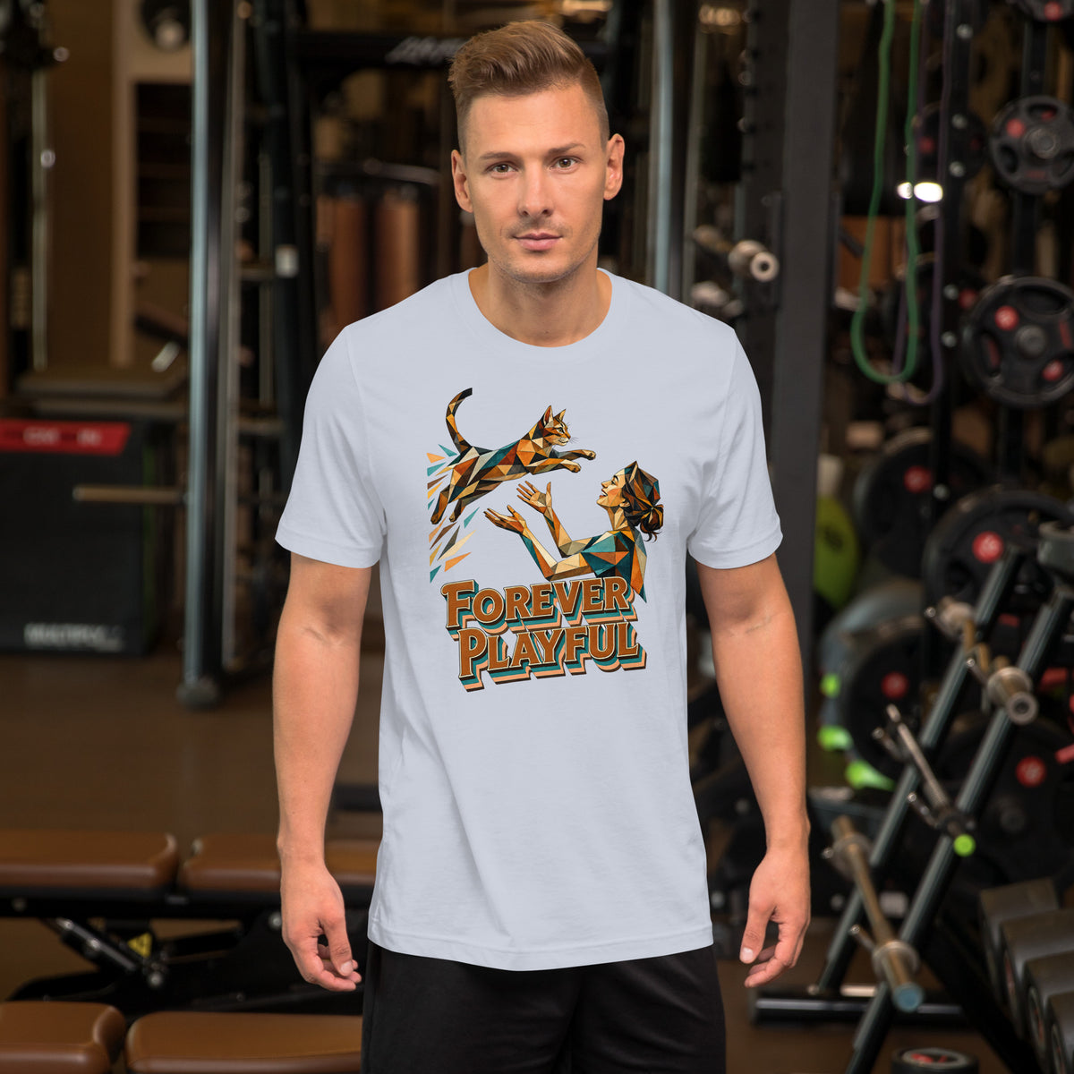 Cat Lovers Unisex Staple T-Shirt – Forever Playful Geometric Cat Design by printfluence.net