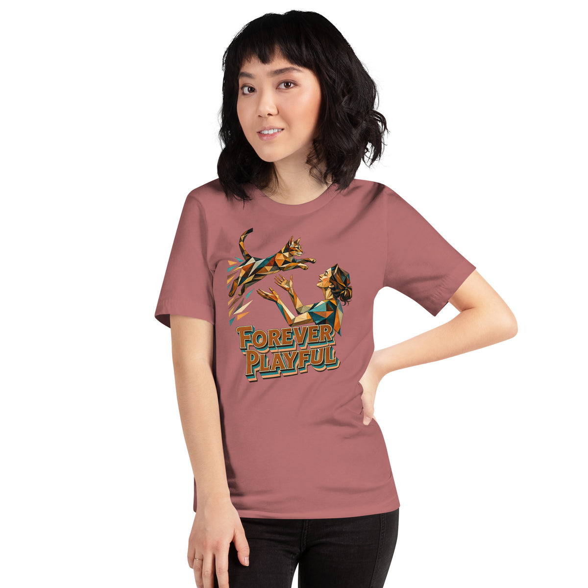 Cat Lovers Unisex Staple T-Shirt – Forever Playful Geometric Cat Design by printfluence.net