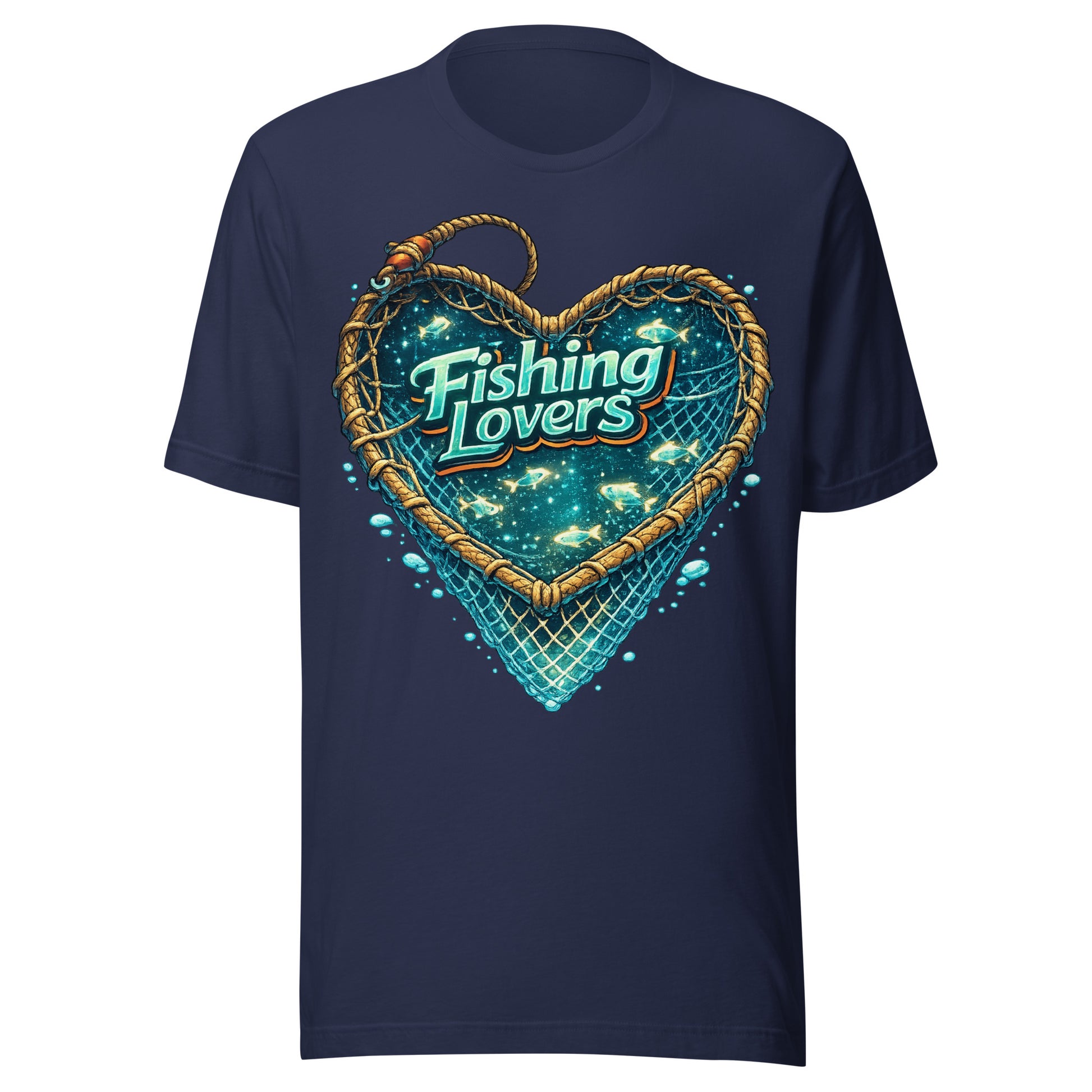 Fishing Lovers T-Shirt - Cute Heart Fish Net Graphic Tee for Fishermen & Coffee Lovers by printfluence.net