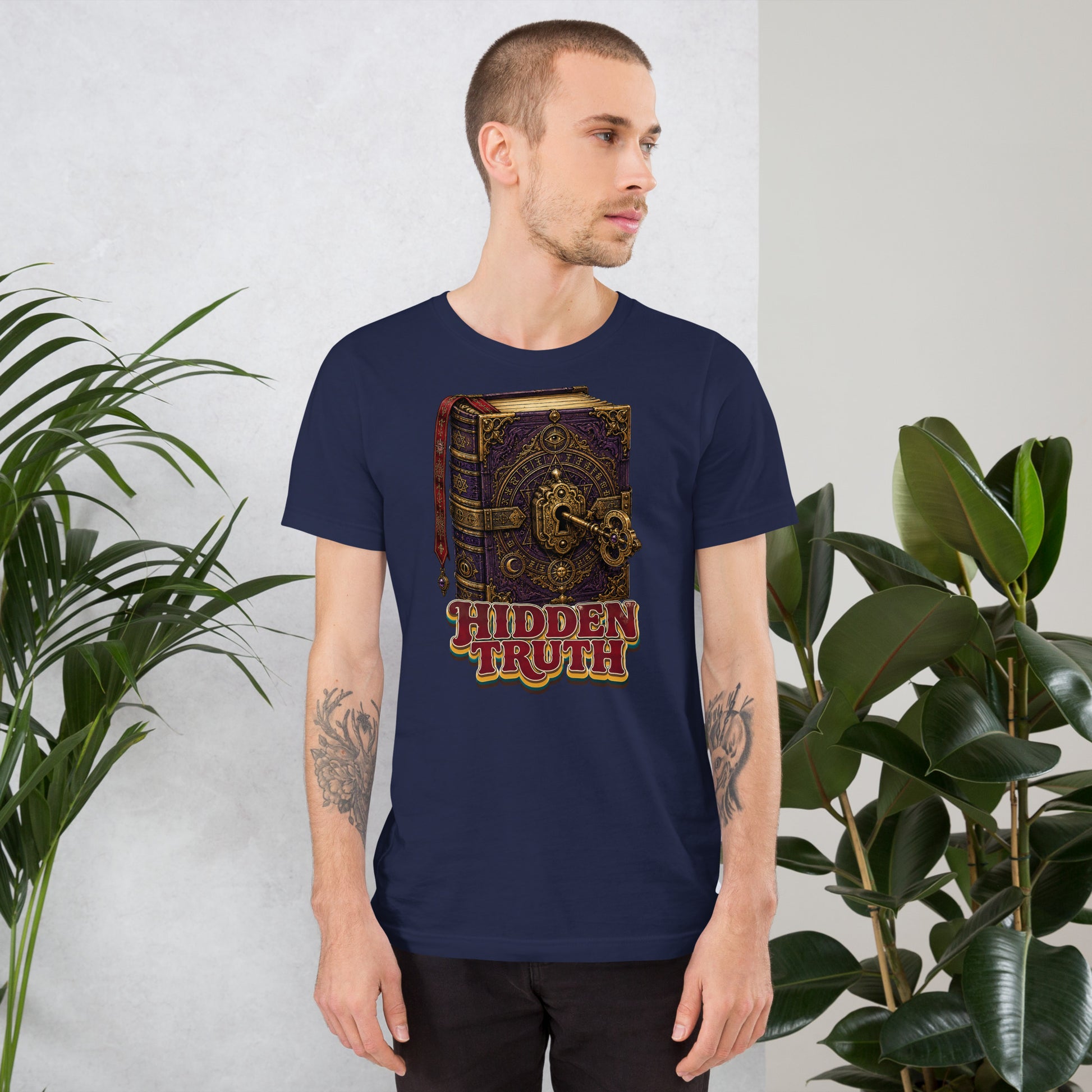 Horror and Mystery Lovers Unisex Staple T-Shirt — "Hidden Truth" Cursed Grimoire and Esoteric Key Design by printfluence.net