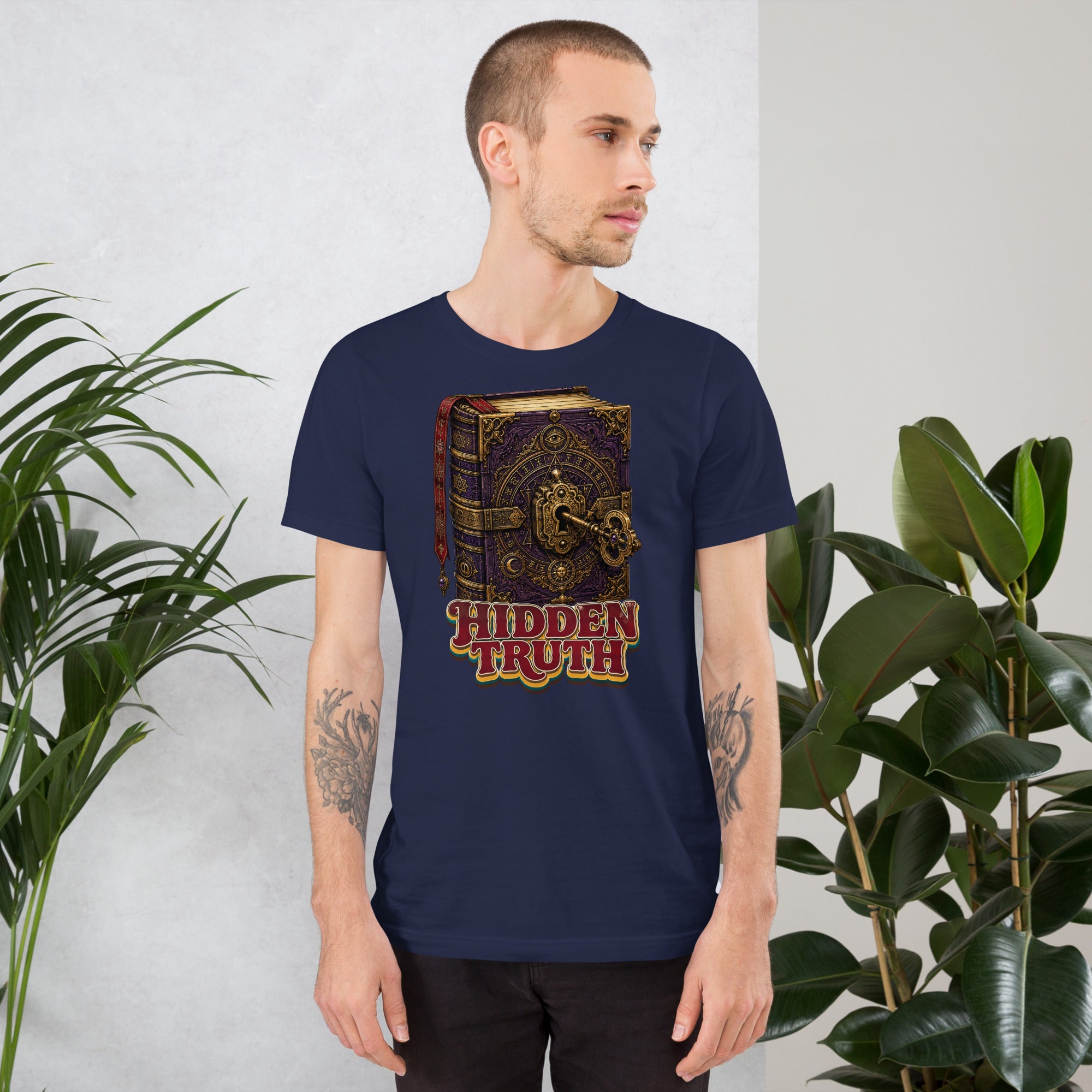 Horror and Mystery Lovers Unisex Staple T-Shirt — "Hidden Truth" Cursed Grimoire and Esoteric Key Design by printfluence.net
