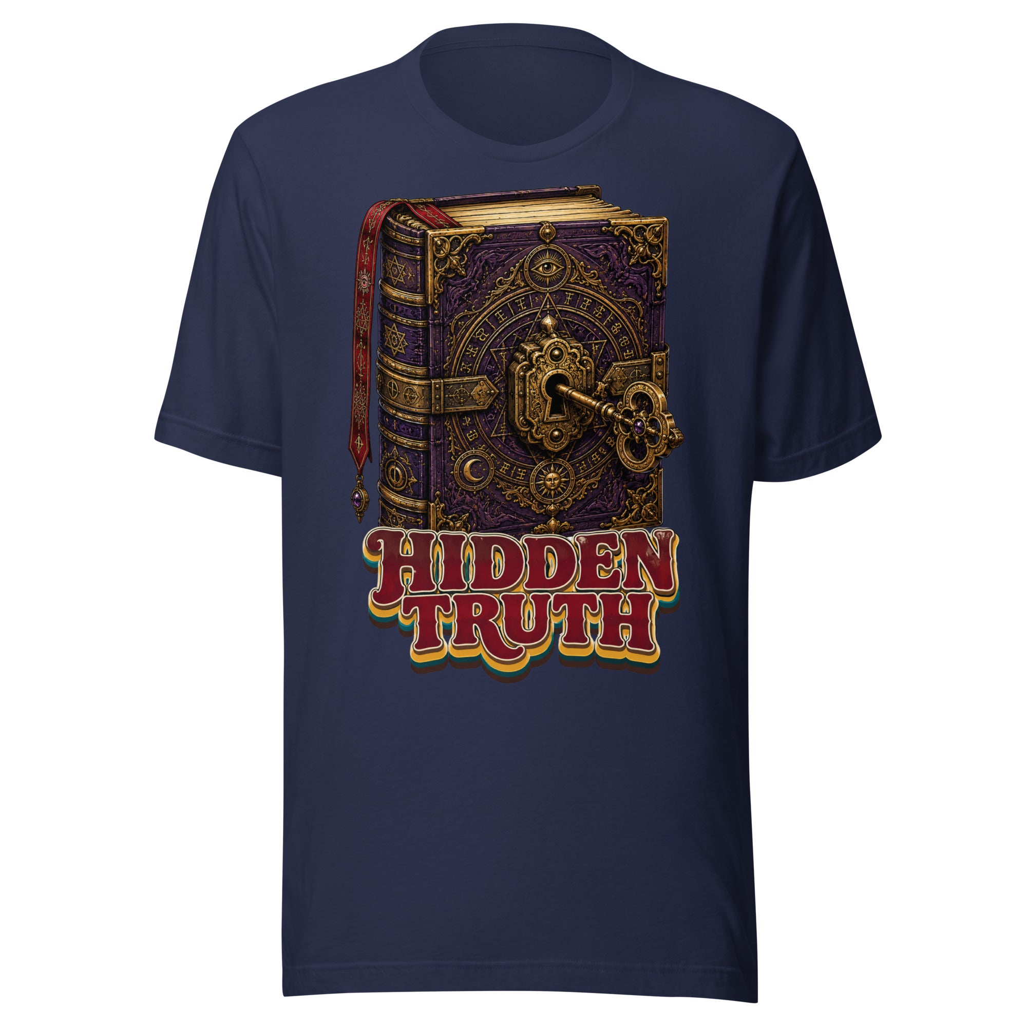 Horror and Mystery Lovers Unisex Staple T-Shirt — "Hidden Truth" Cursed Grimoire and Esoteric Key Design by printfluence.net