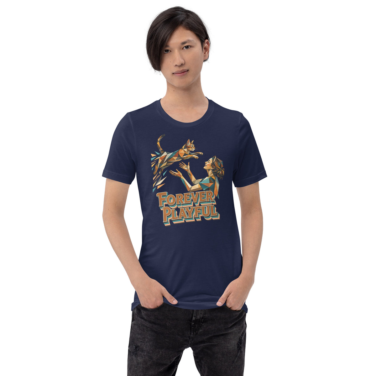 Cat Lovers Unisex Staple T-Shirt – Forever Playful Geometric Cat Design by printfluence.net
