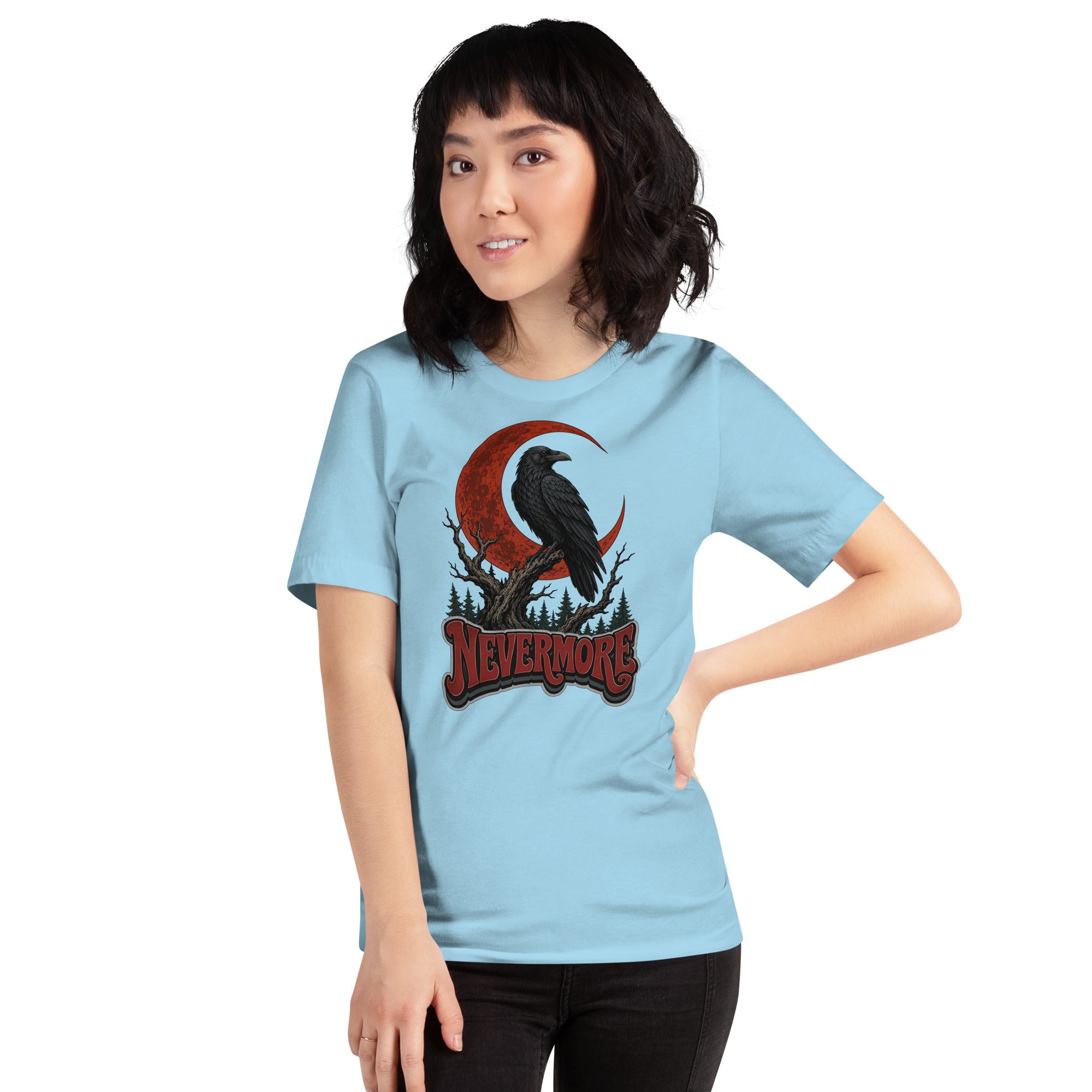 Horror & Mystery Lovers Unisex Staple T-Shirt — "Nevermore" Blood Moon Raven and Dead Tree Design by printfluence.net