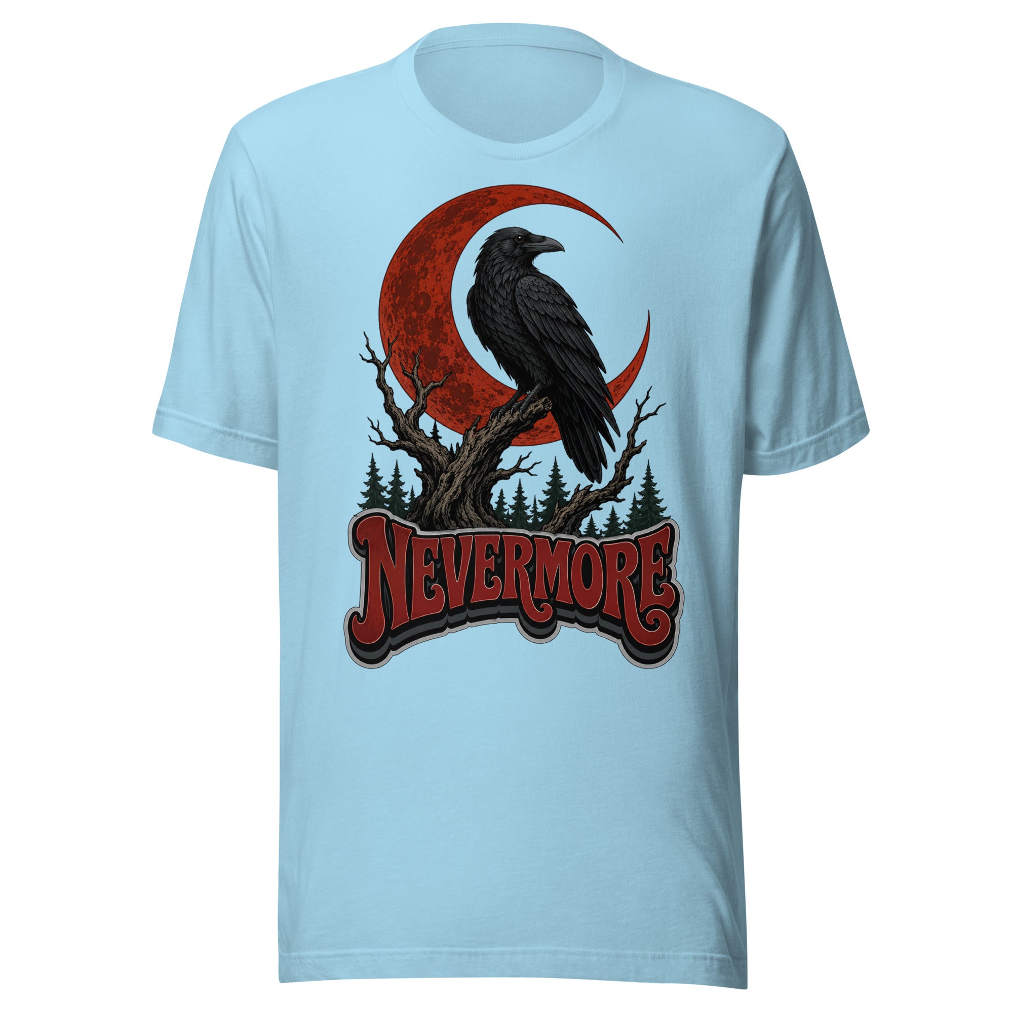 Horror & Mystery Lovers Unisex Staple T-Shirt — "Nevermore" Blood Moon Raven and Dead Tree Design by printfluence.net