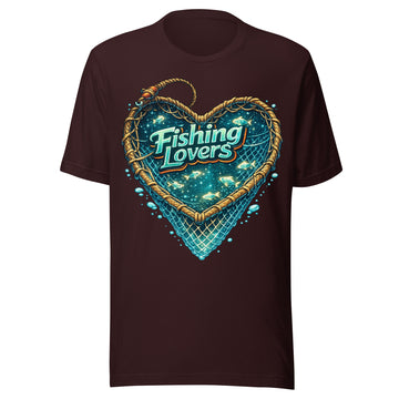 Fishing Lovers T-Shirt - Cute Heart Fish Net Graphic Tee for Fishermen & Coffee Lovers by printfluence.net