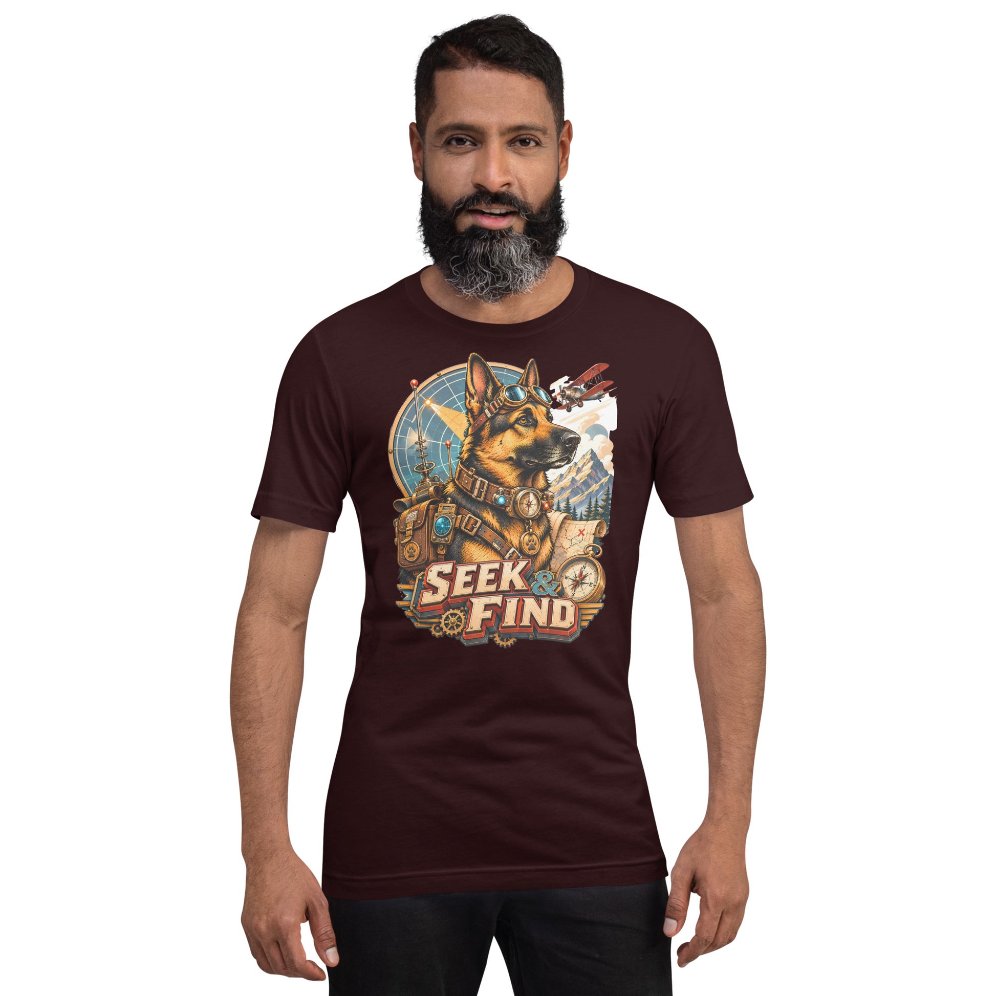 German Shepherd Lovers Unisex T-Shirt | "Seek & Find" Vintage Explorer Graphic Apparel by printfluence.net