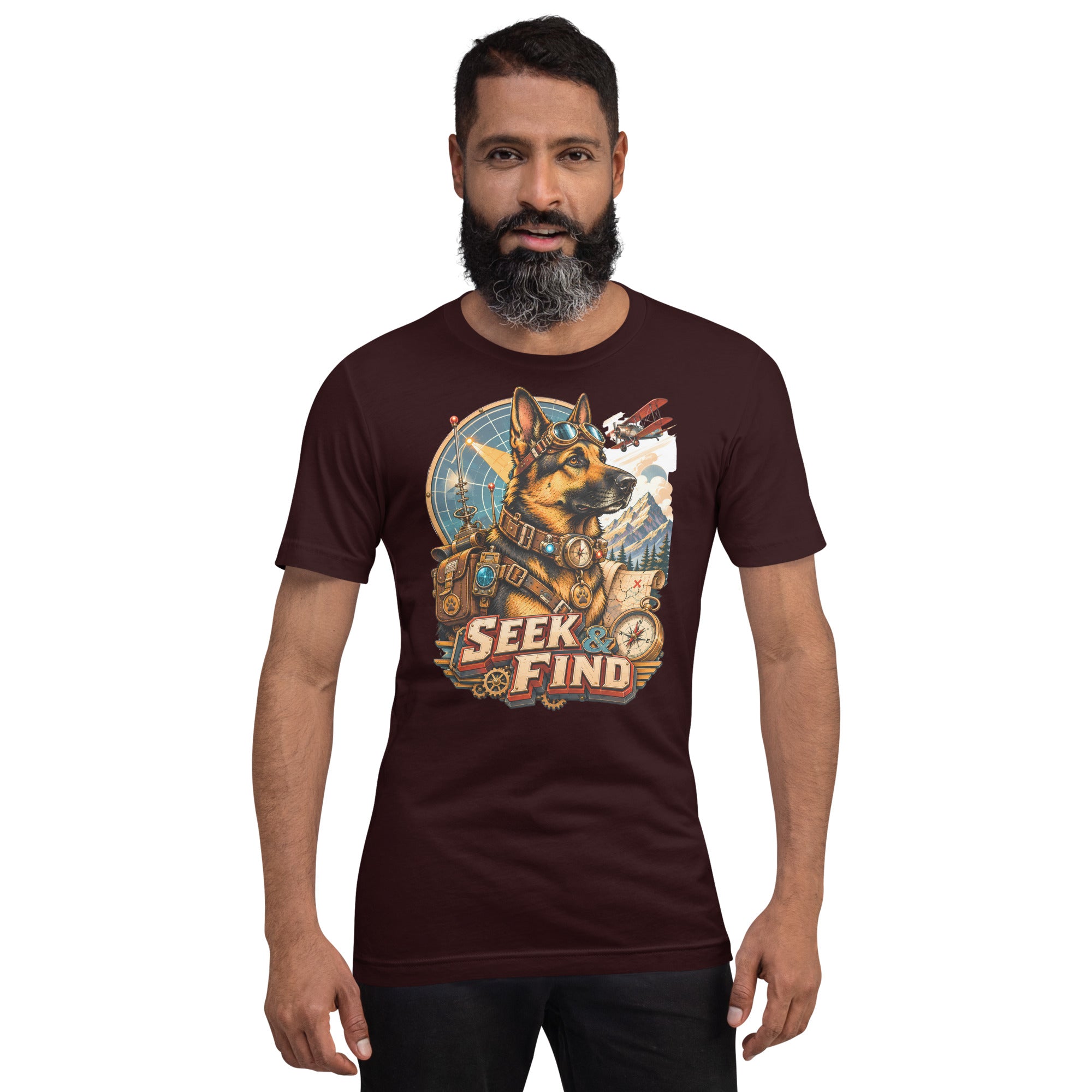 German Shepherd Lovers Unisex T-Shirt | "Seek & Find" Vintage Explorer Graphic Apparel by printfluence.net