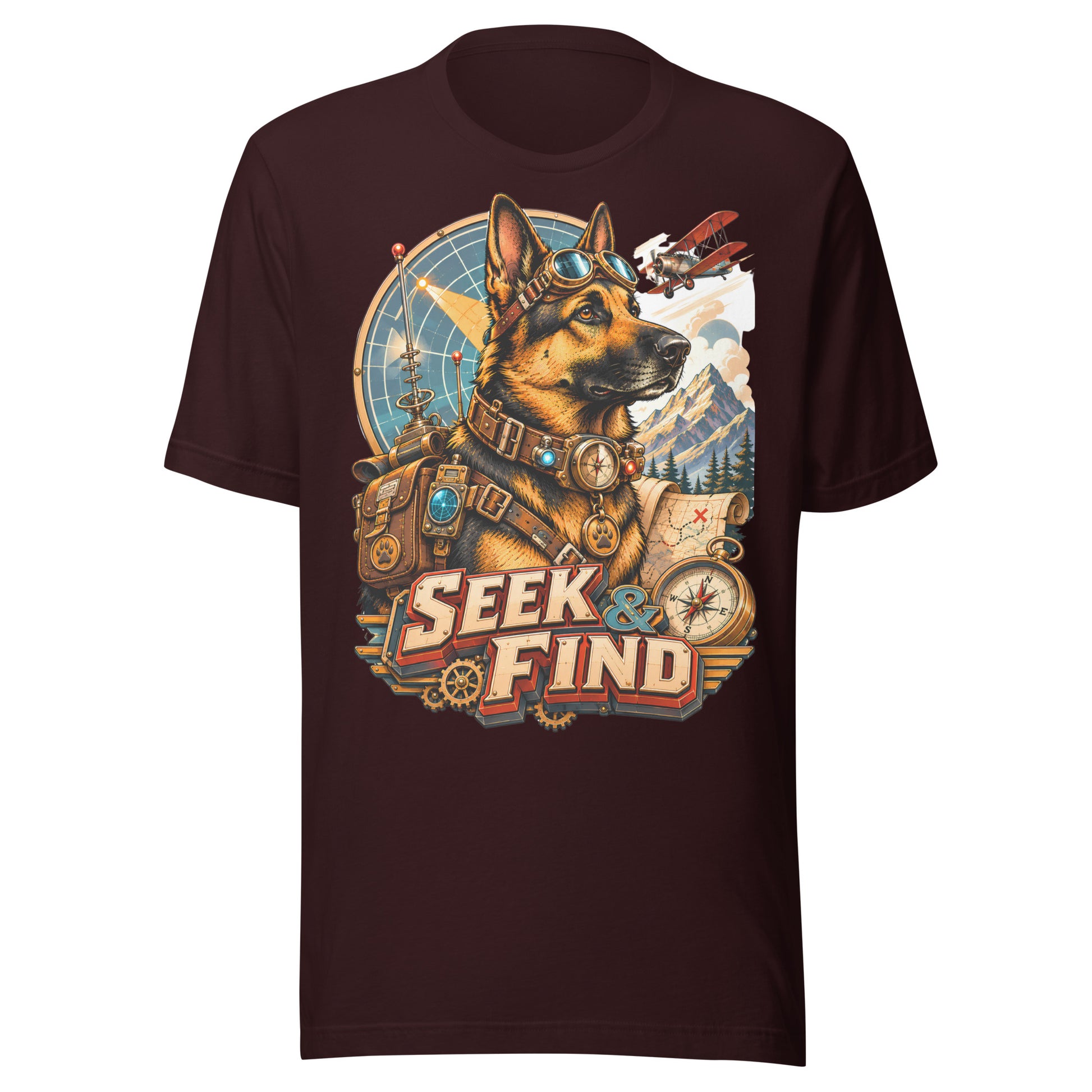 German Shepherd Lovers Unisex T-Shirt | "Seek & Find" Vintage Explorer Graphic Apparel by printfluence.net