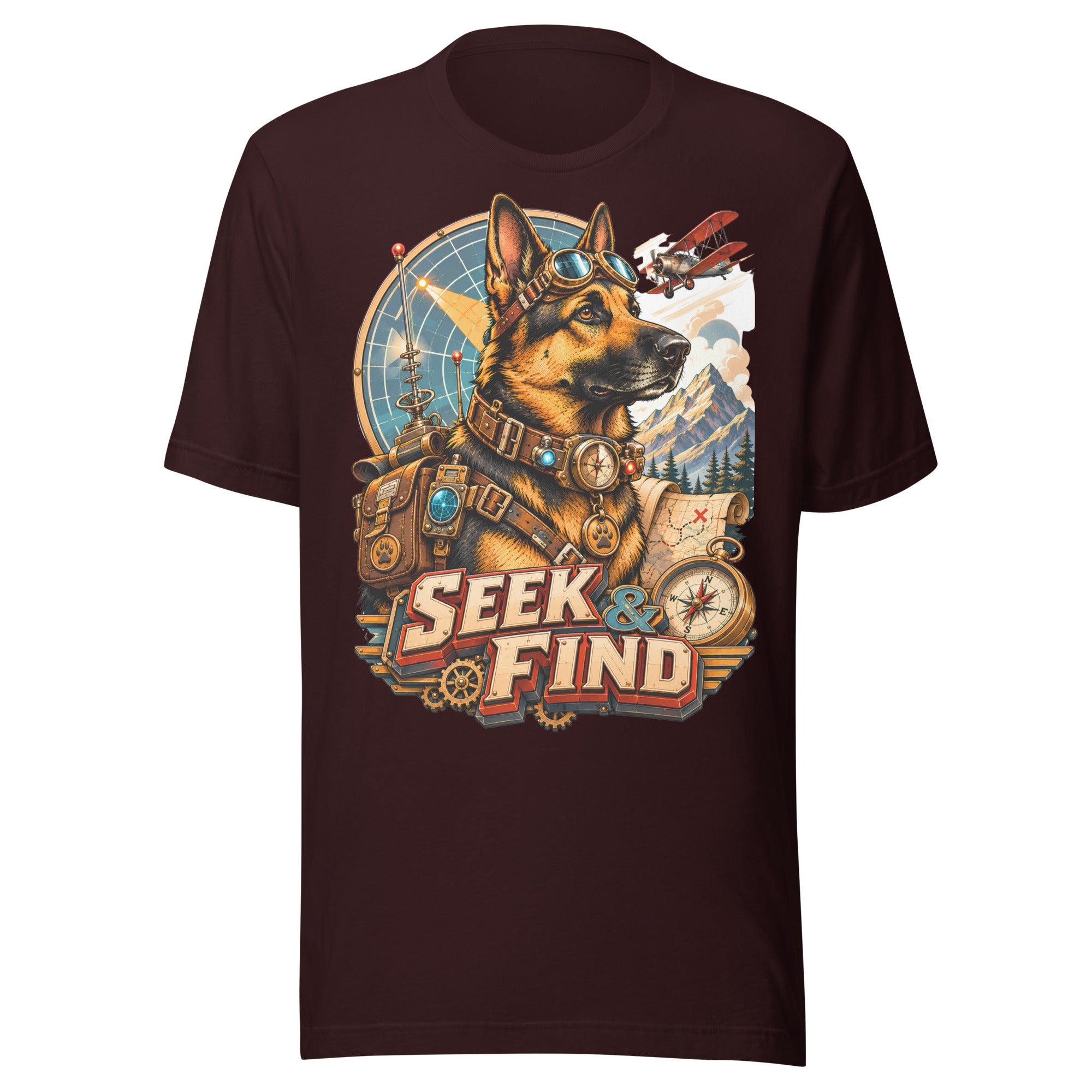 German Shepherd Lovers Unisex T-Shirt | "Seek & Find" Vintage Explorer Graphic Apparel by printfluence.net