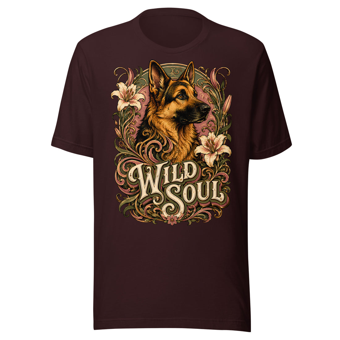 German Shepherd Lovers Unisex T-Shirt Wild Soul – Vintage Floral Art Tee by printfluence.net