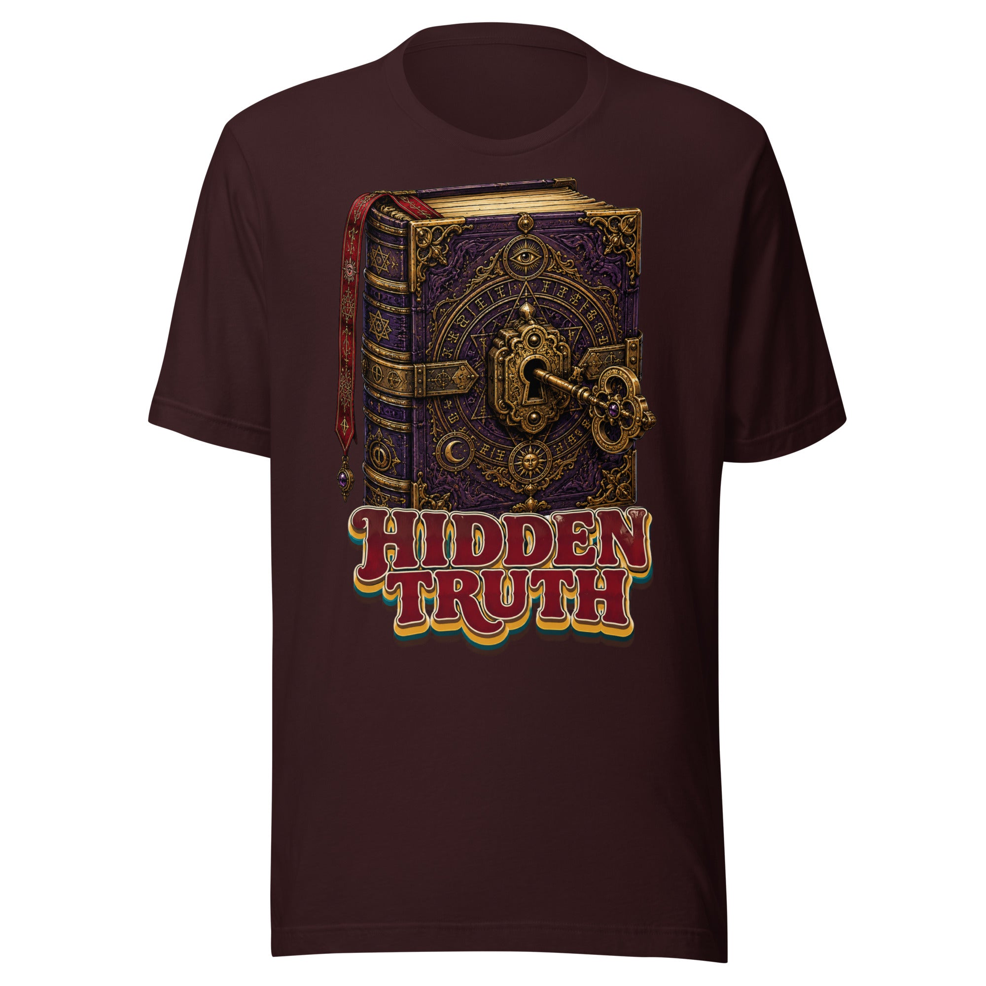 Horror and Mystery Lovers Unisex Staple T-Shirt — "Hidden Truth" Cursed Grimoire and Esoteric Key Design by printfluence.net