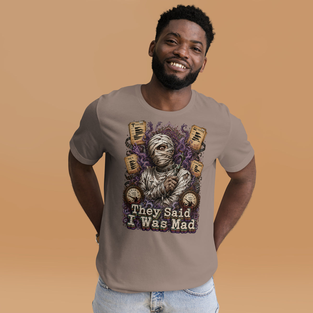 Horror and Mystery Lovers Unisex Staple T-Shirt — "They Said I Was Mad" Asylum Patient and Sanity Meter Design by printfluence.net