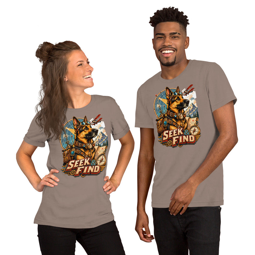 German Shepherd Lovers Unisex T-Shirt | "Seek & Find" Vintage Explorer Graphic Apparel by printfluence.net